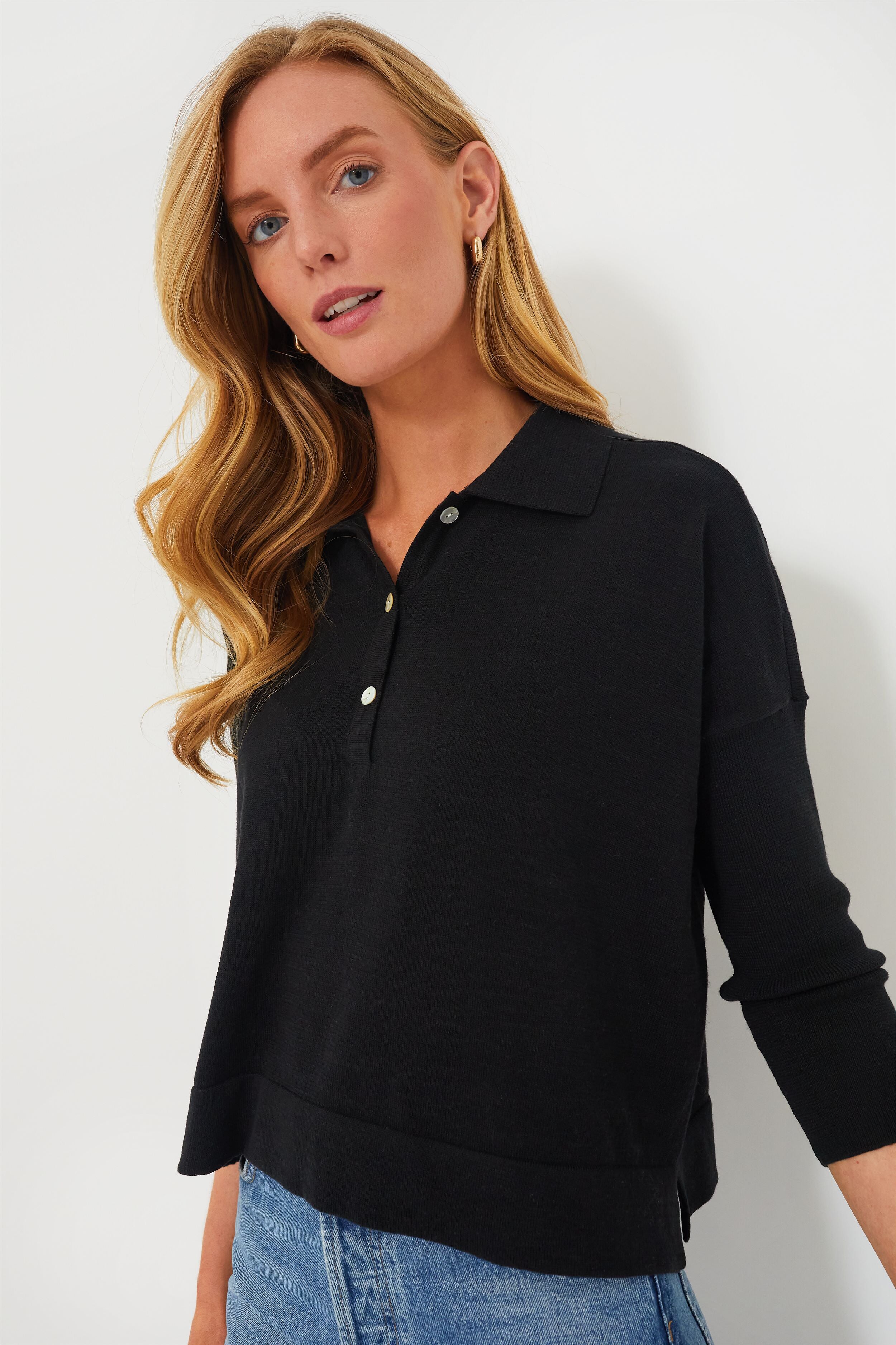 Black Clayton Long Sleeve Knit Polo-Get Girly