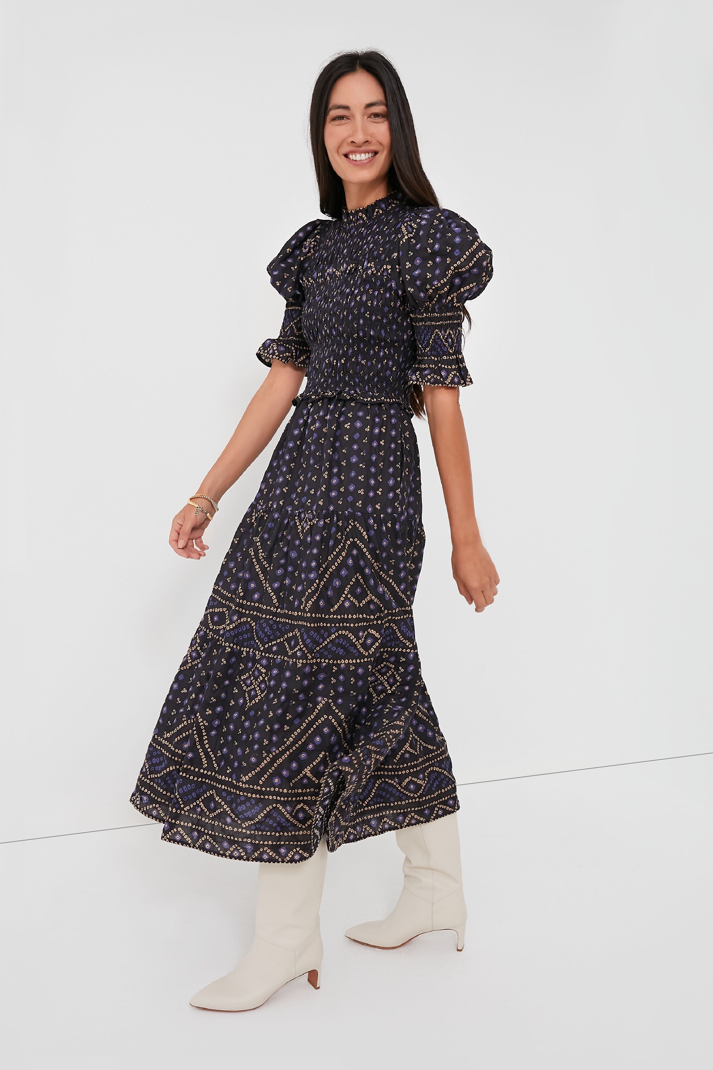 Blue Delphine Pucker Cotton Puff Sleeve Smocked Dress-Get Girly