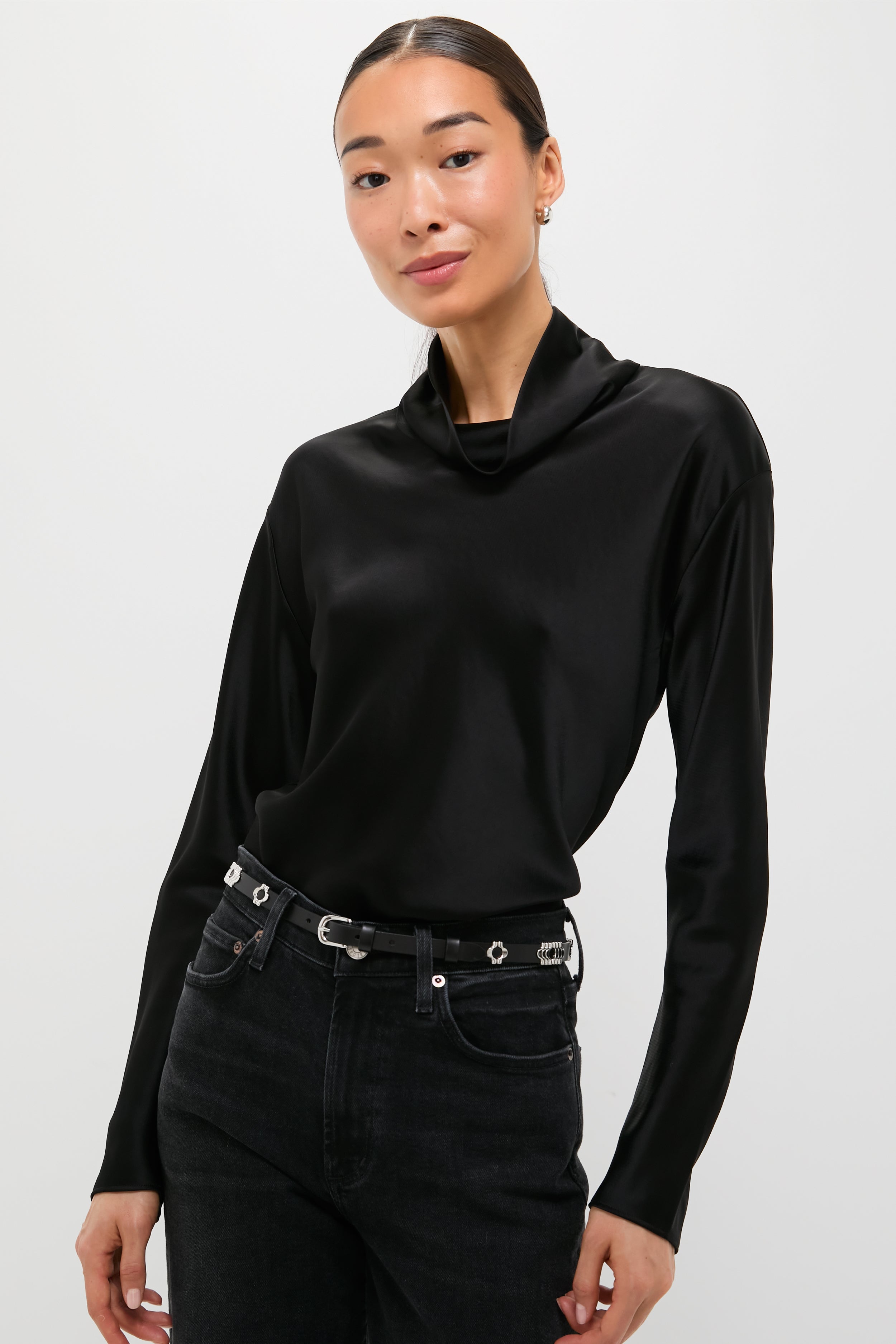 Black Barb Long Sleeve Cowl Neck Shirt-Get Girly