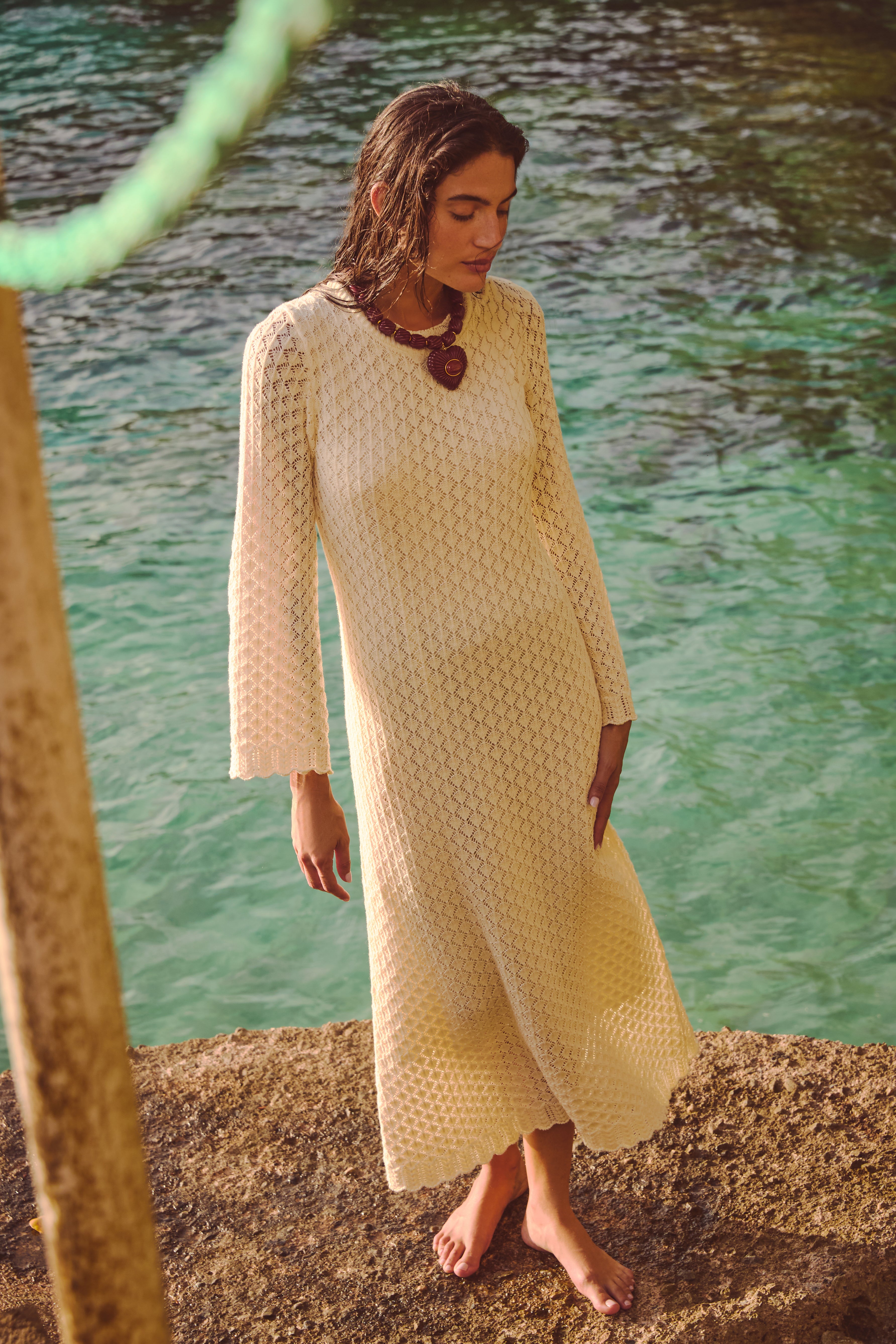 Cream Pointelle Knit Colby Midi Dress-Get Girly