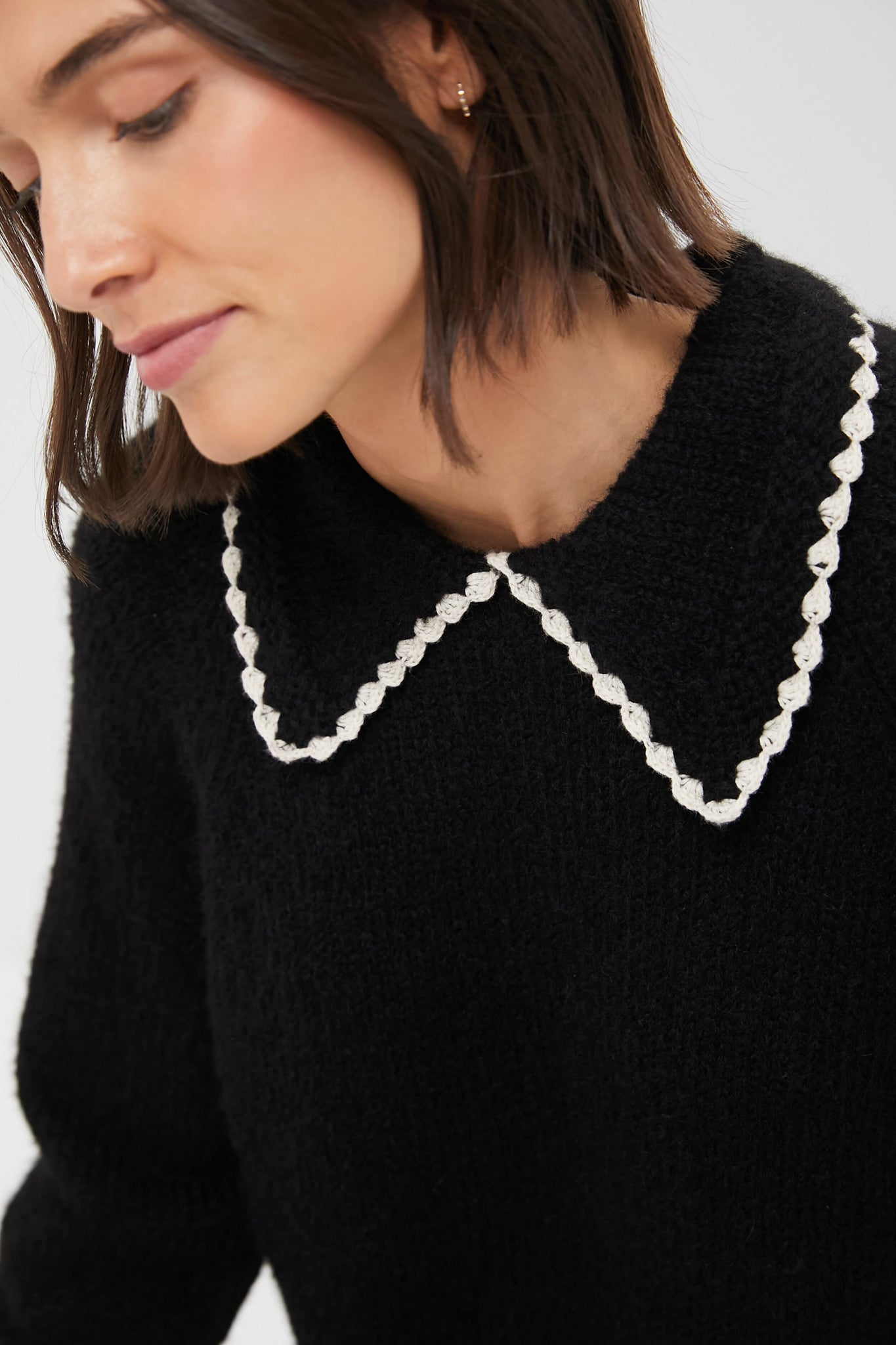 Black with Soft White Crochet Collar Pullover-Get Girly