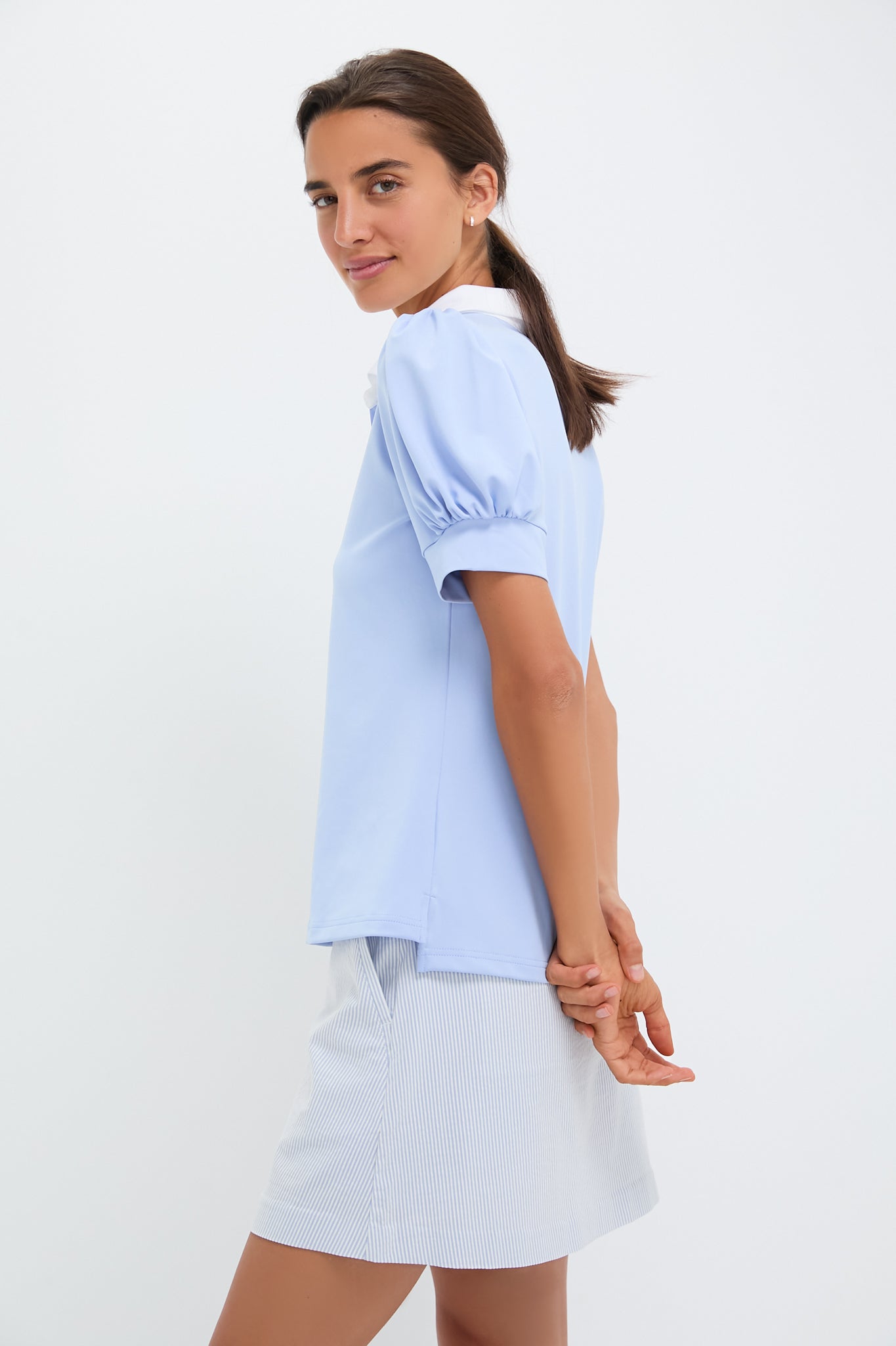 Light Blue Puff Sleeve Performance Jersey Caroline Polo-Get Girly