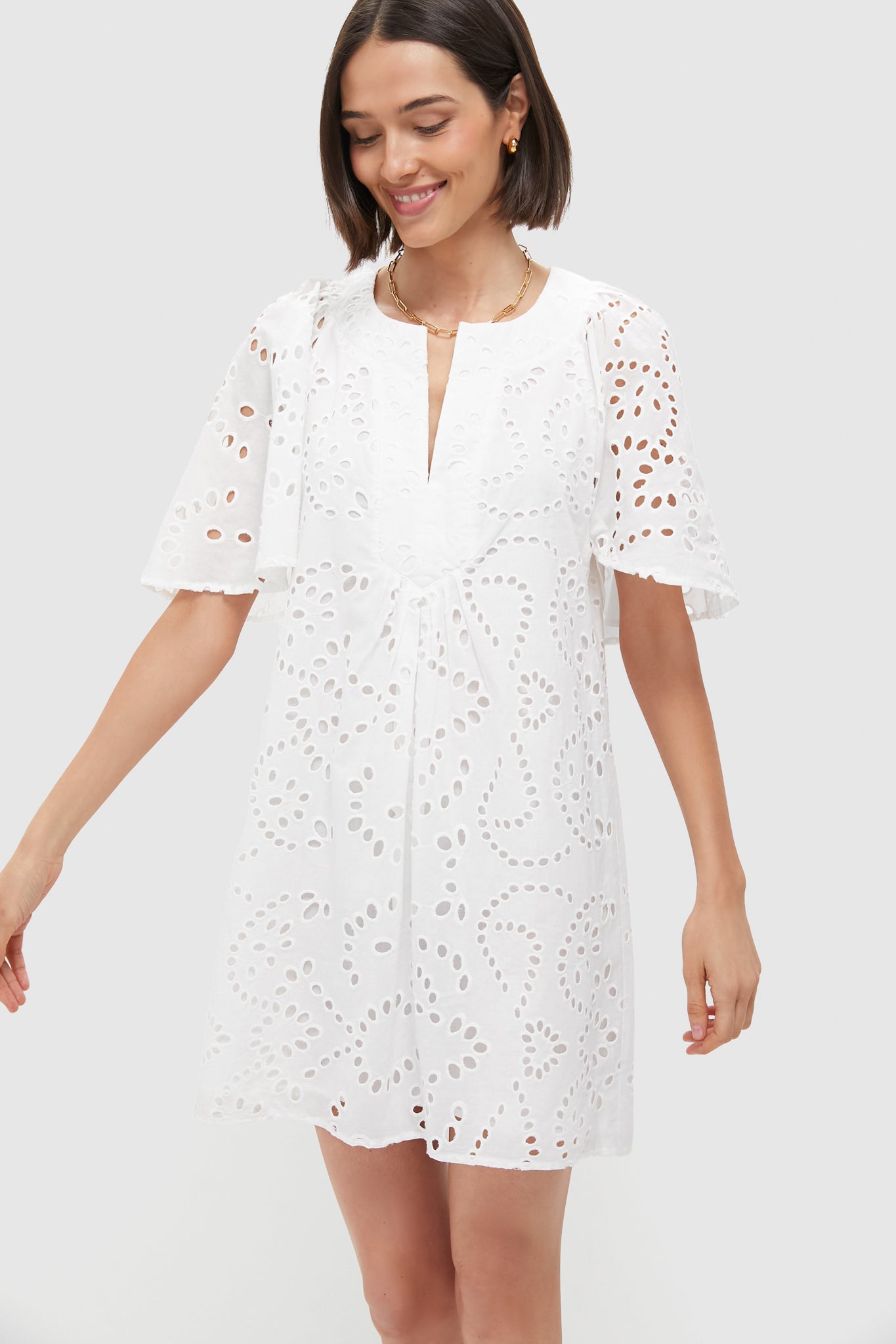 White Eyelet Finley Flutter Sleeve Dress-Get Girly