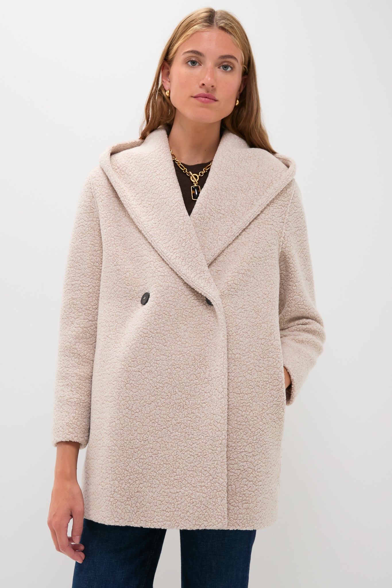 Almond Hooded Double Breasted Boucle Jacket-Get Girly