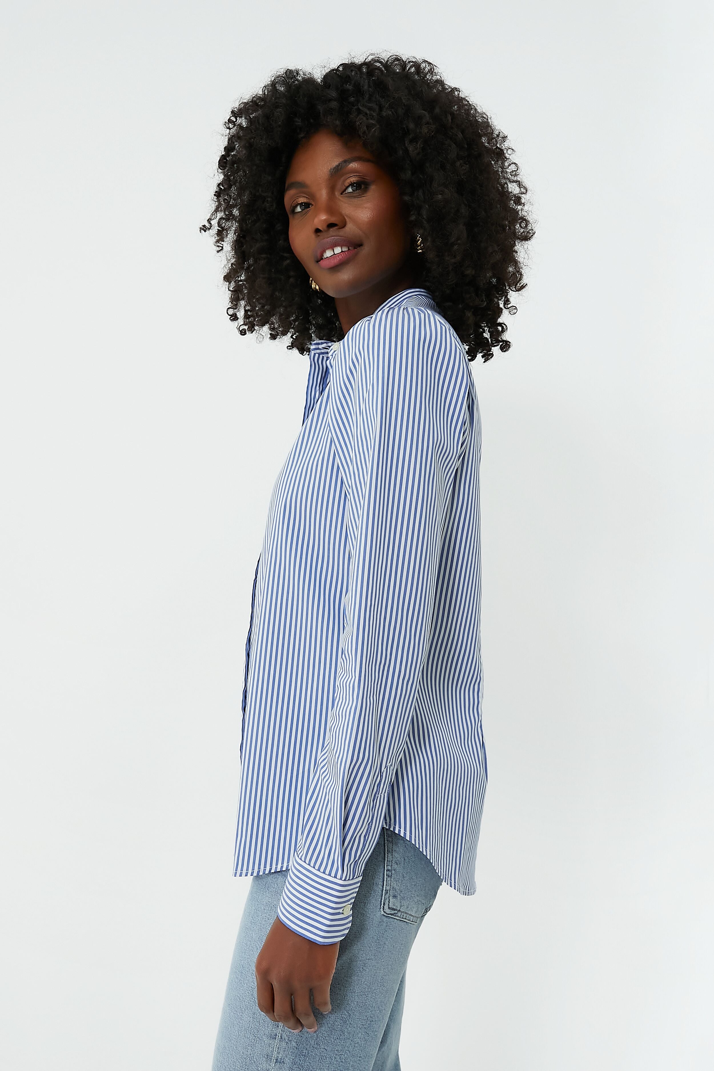 Blue and White Stripe Puffed Shoulder Shirt-Get Girly