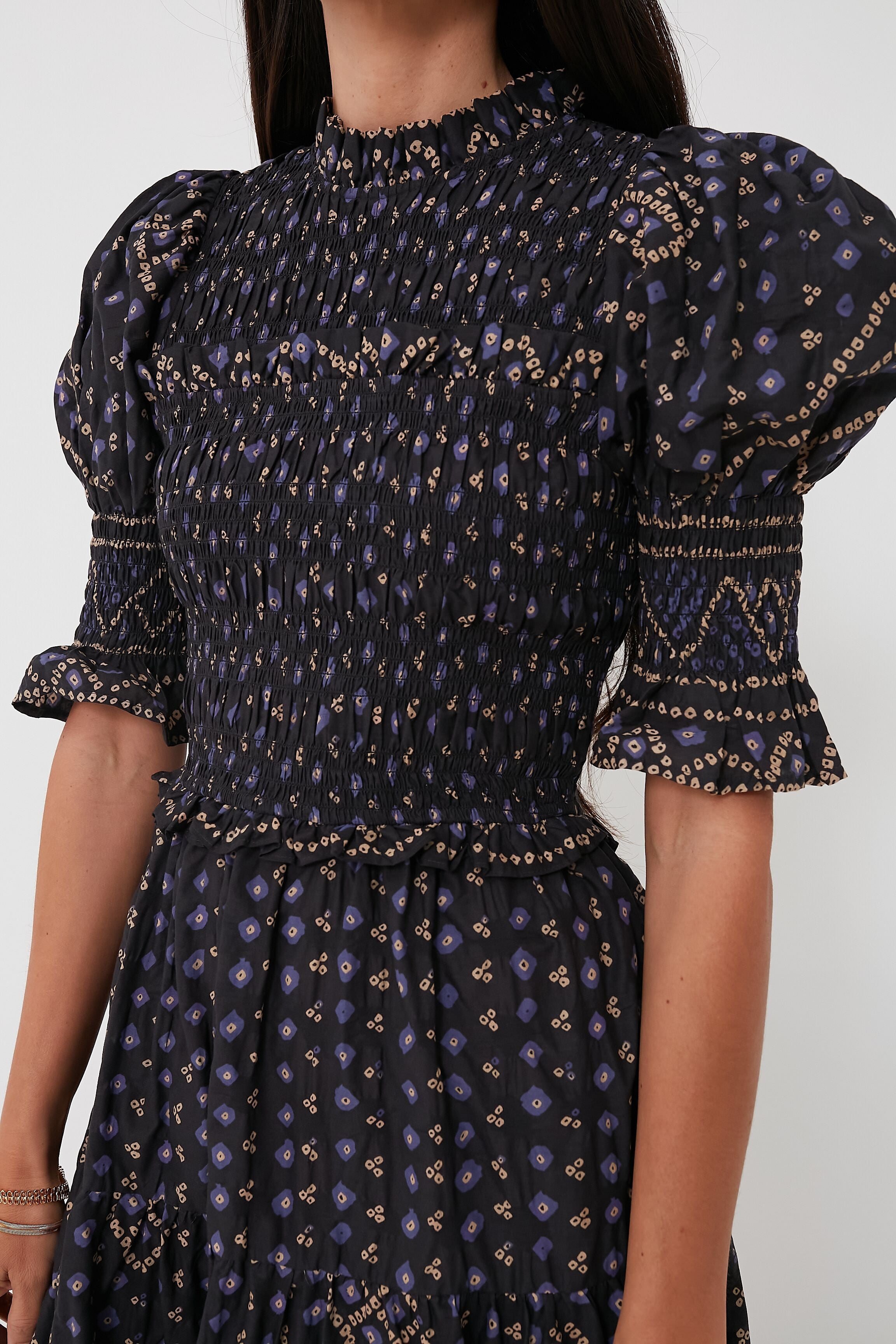 Blue Delphine Pucker Cotton Puff Sleeve Smocked Dress-Get Girly