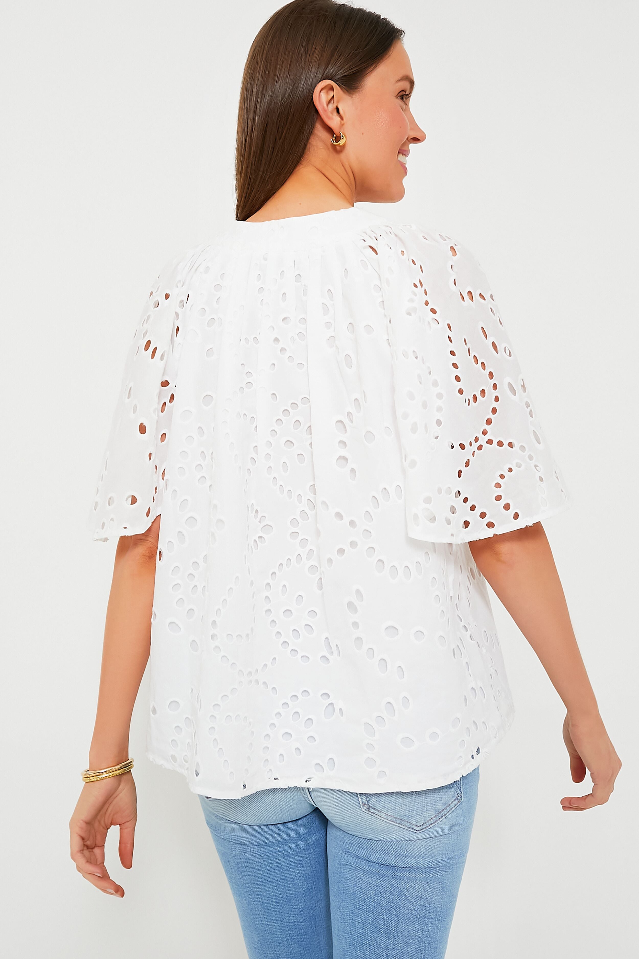 White Eyelet Finley Flutter Sleeve Top-Get Girly