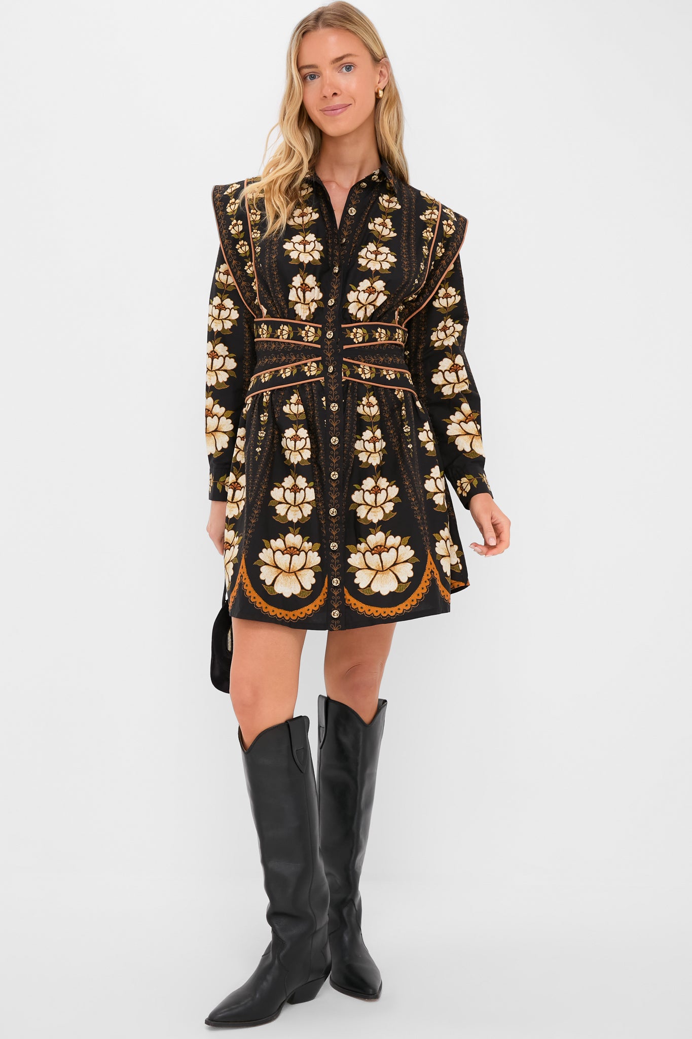 Black Embroidered Flowers Topstitching Long Sleeve Mini Dress-Get Girly