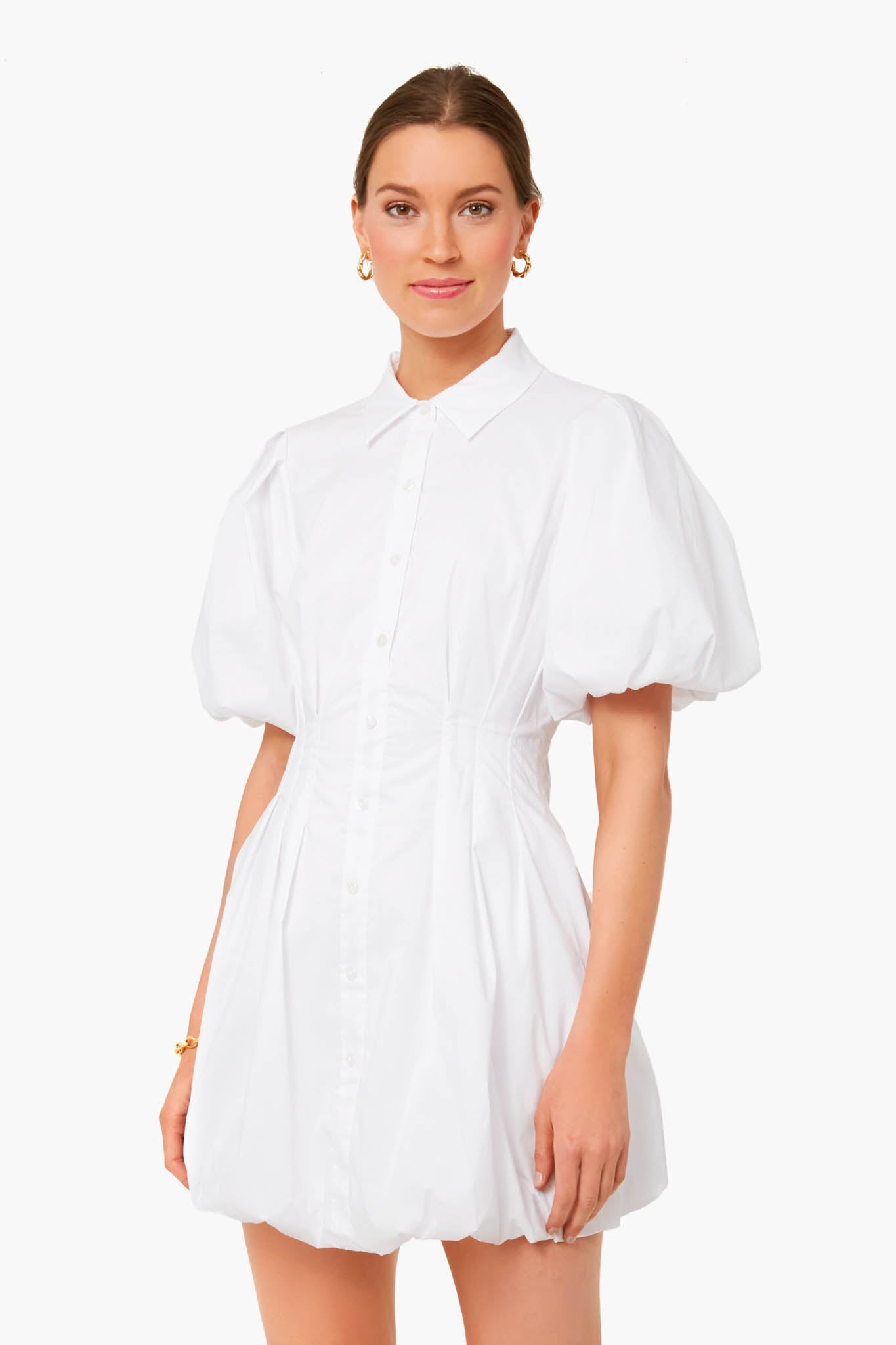 White Cleo Core Pleated Poplin Balloon Pintuck Mini Dress-Get Girly