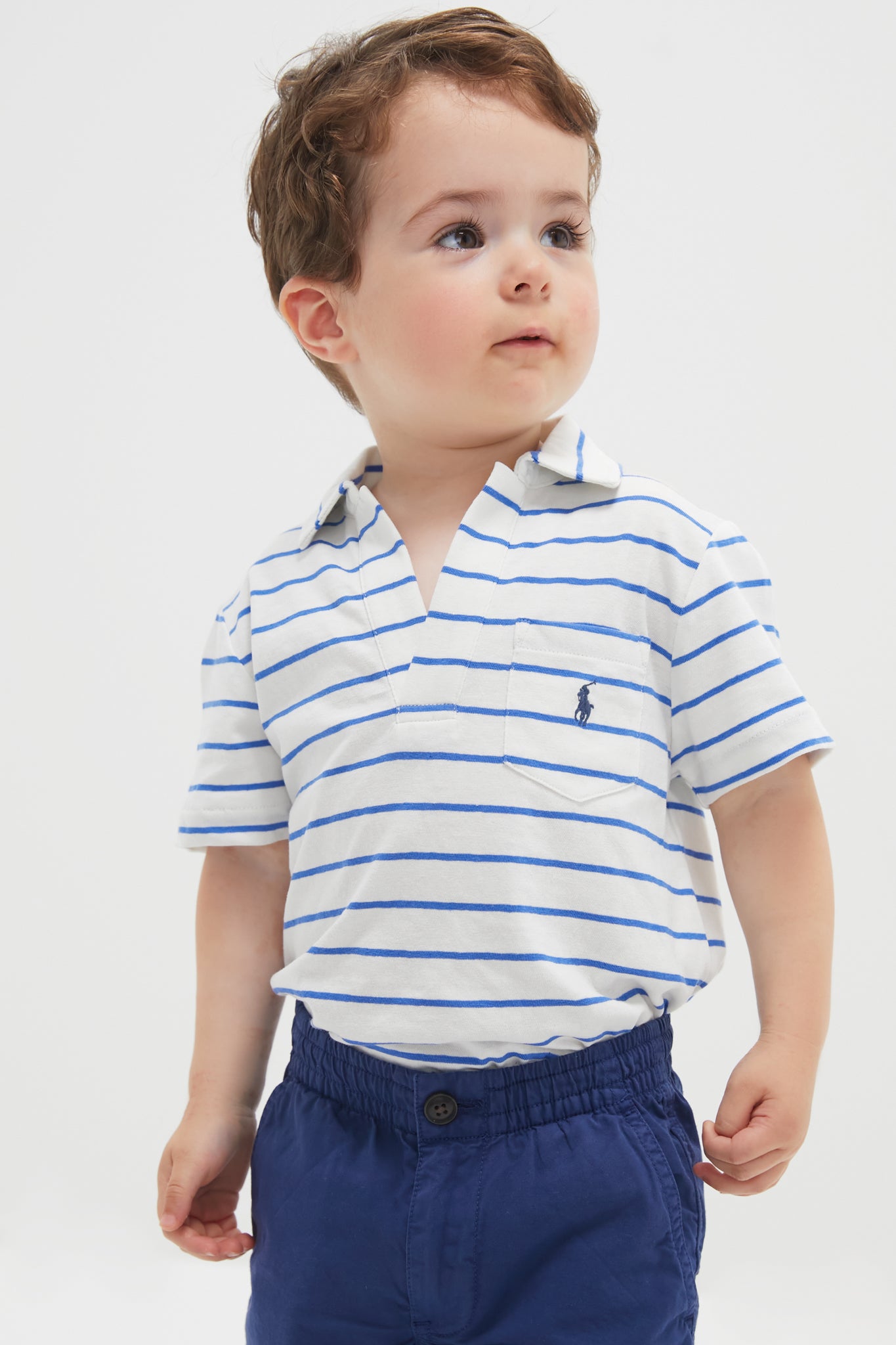 Little Boys White Short-Sleeve Cotton Linen Jersey Striped Johnny Collar Polo-Get Girly