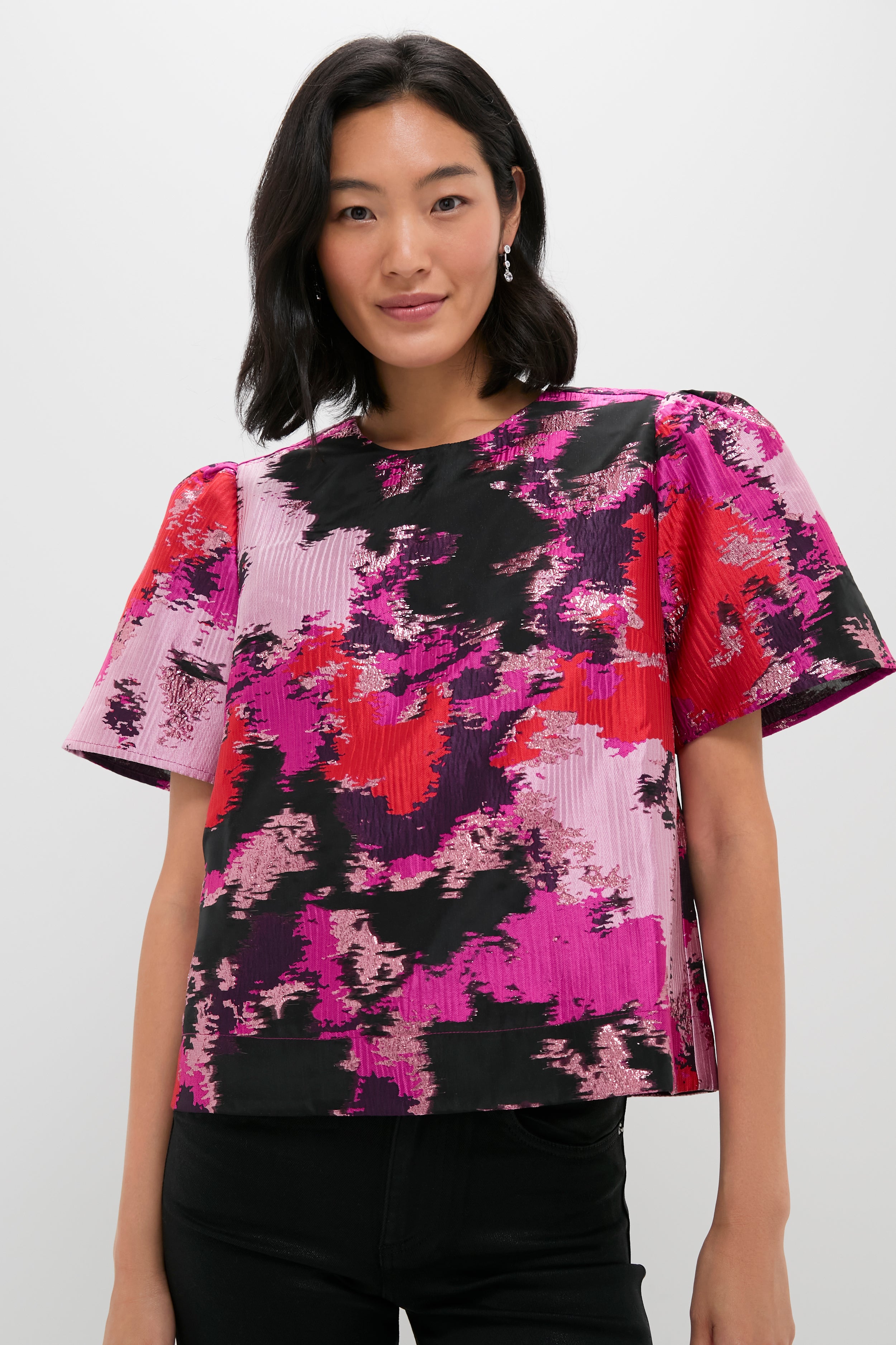 Pink and Red Lurex Abstract Jacquard Lyla Blouse-Get Girly