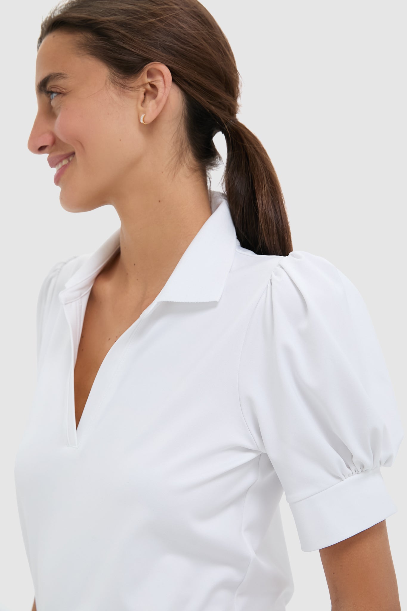 White Puff Sleeve Performance Jersey Caroline Polo-Get Girly