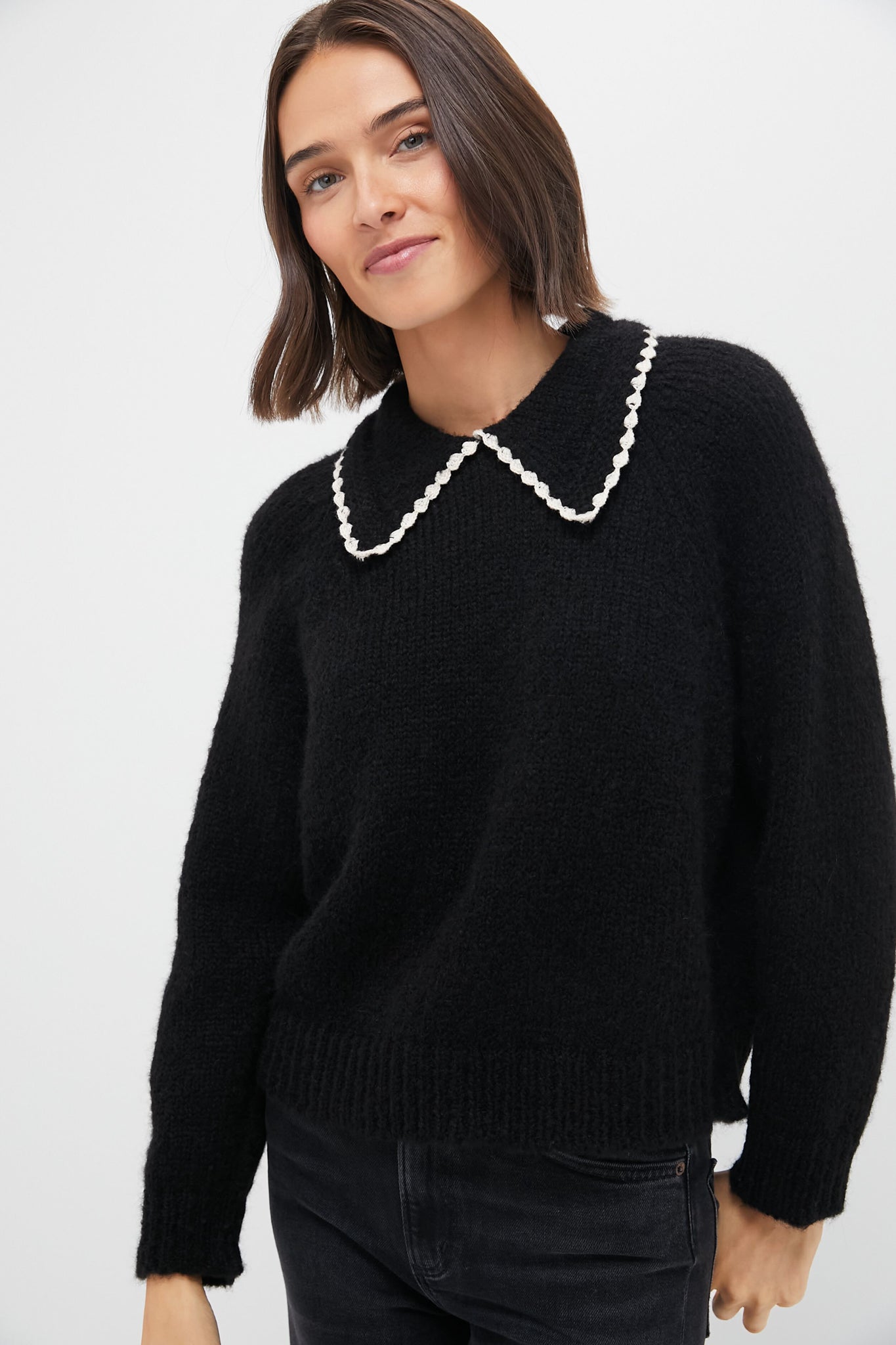 Black with Soft White Crochet Collar Pullover-Get Girly