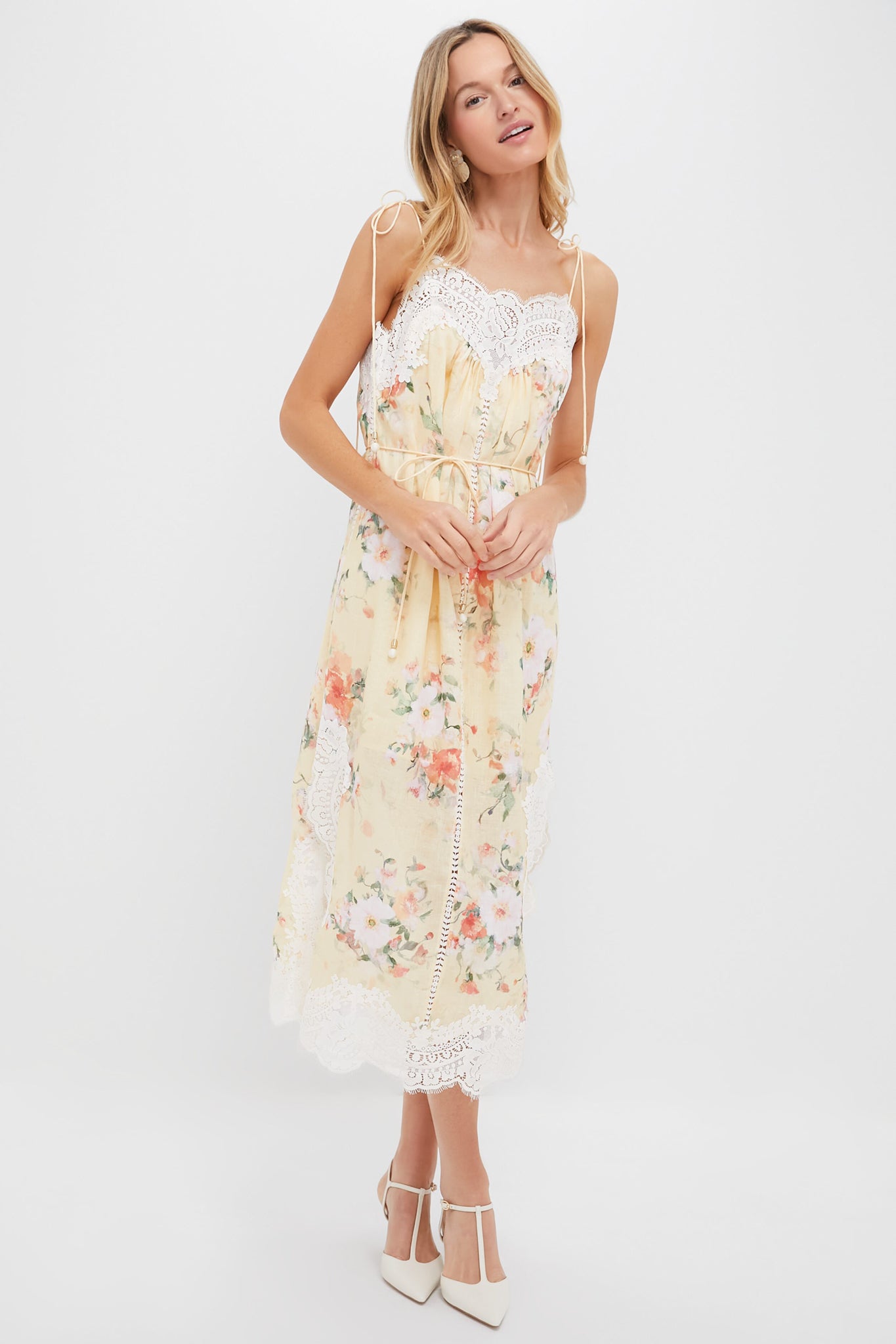 Yellow Watercolour Floral Everley Lace Trim Slip Dress-Get Girly