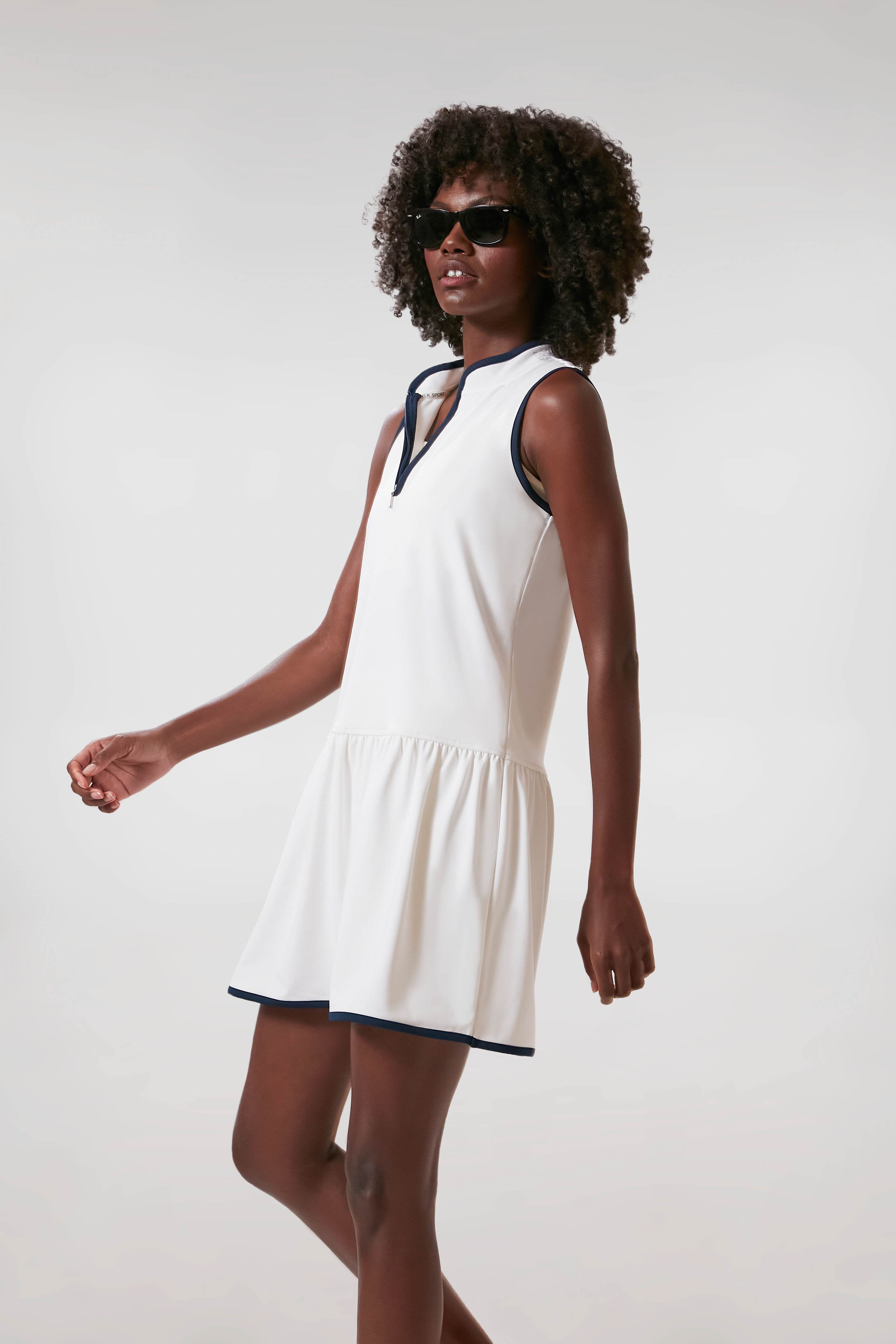 White and Navy Quarter-Zip Tennis Dress-Get Girly