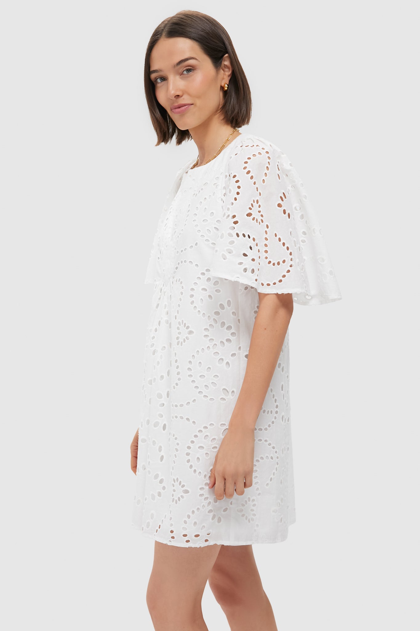 White Eyelet Finley Flutter Sleeve Dress-Get Girly