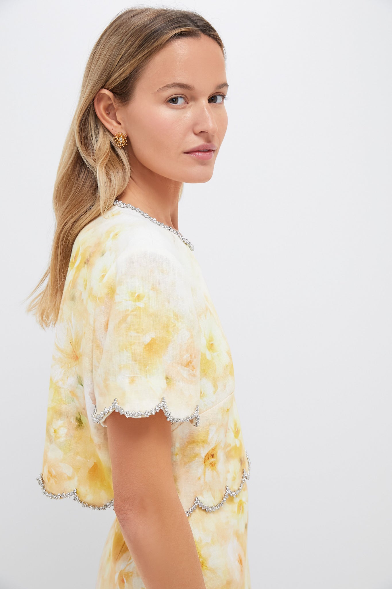 Yellow Floral Crush Scalloped Top-Get Girly