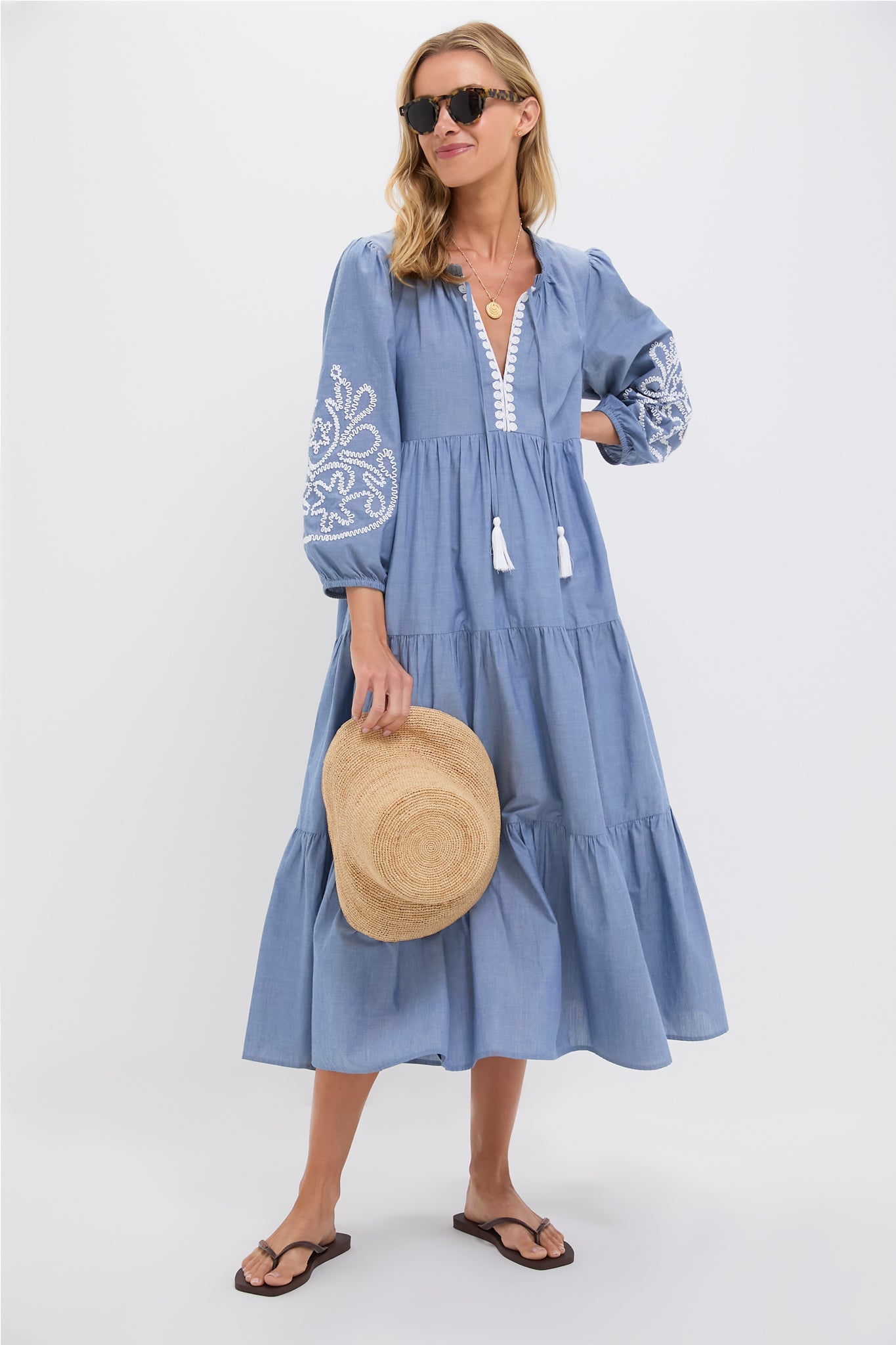 Embroidered Chambray Long Sleeve Salty Paloma Caftan-Get Girly