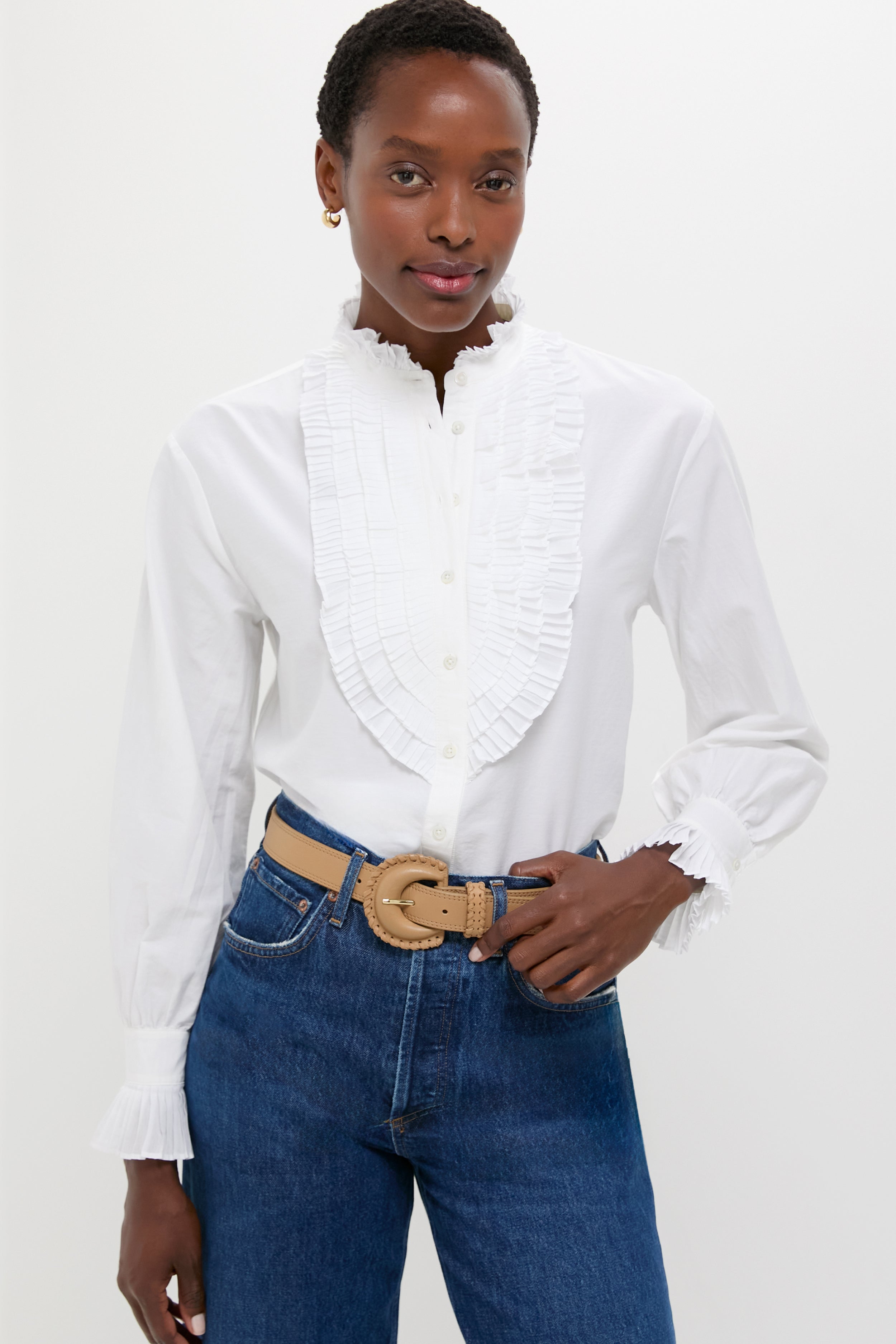 White Long Sleeve Band Collar Blouse-Get Girly