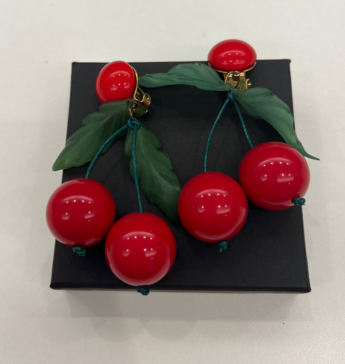 Acrylic Red and Green Cherry Stem Earrings-Get Girly