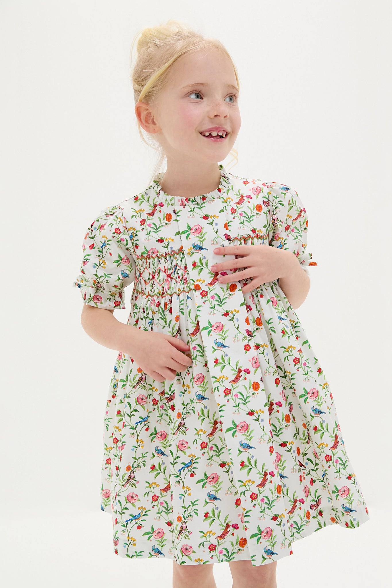 Ivory Bird Floral Carla Hand-Smocked Girls Dress-Get Girly