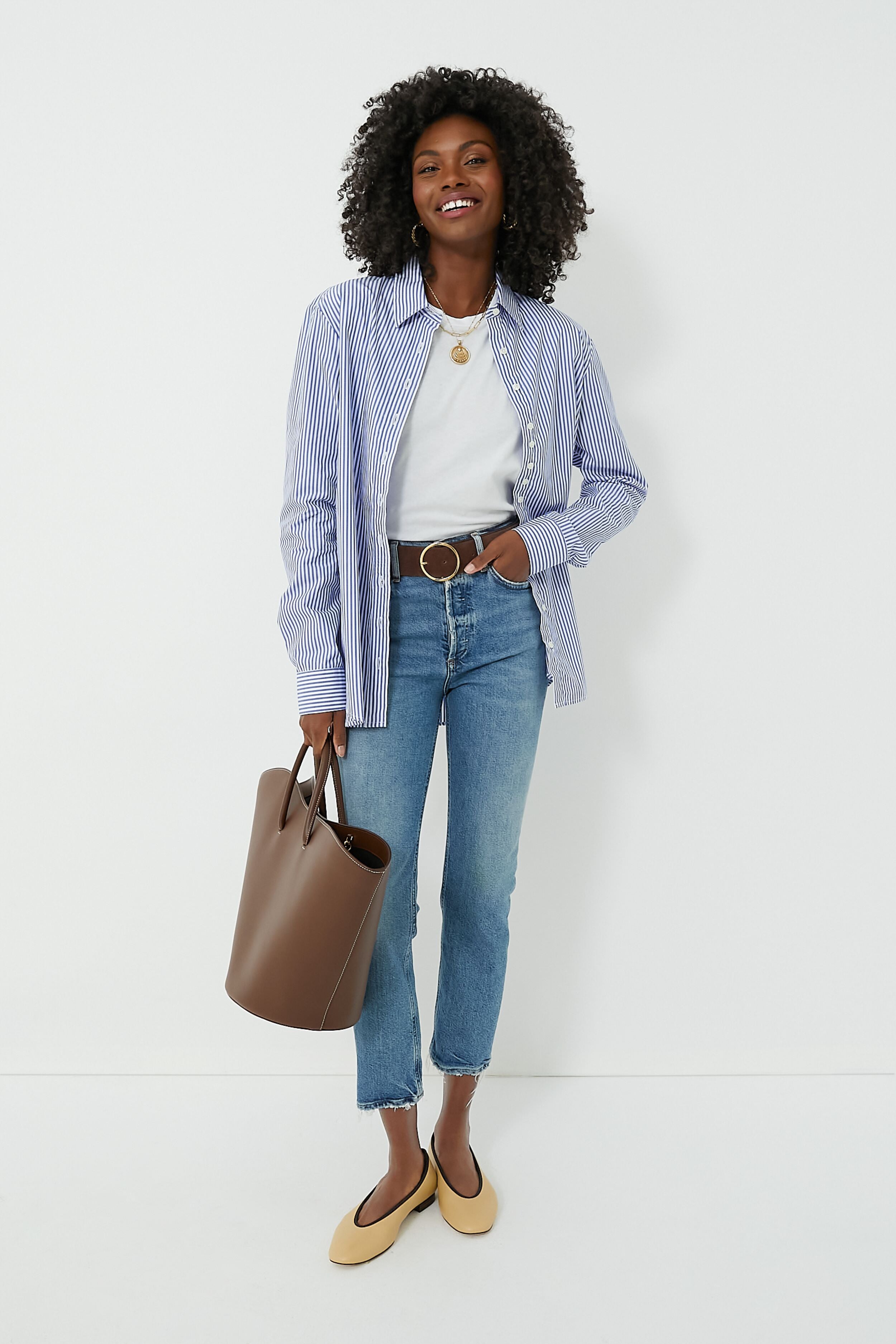 Blue and White Stripe Boyfriend Shirt-Get Girly