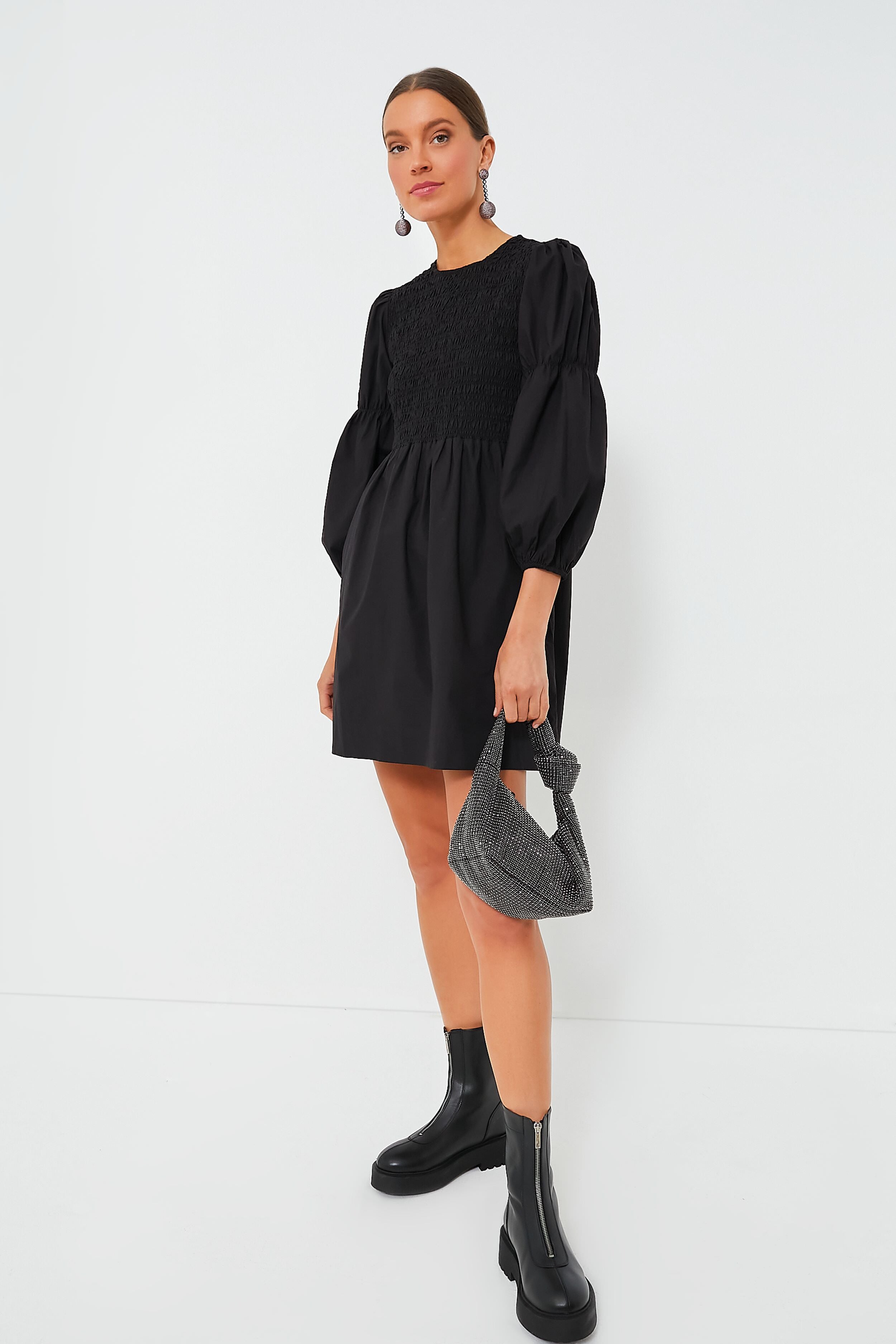 Black Cotton Poplin Mini Smock Dress-Get Girly