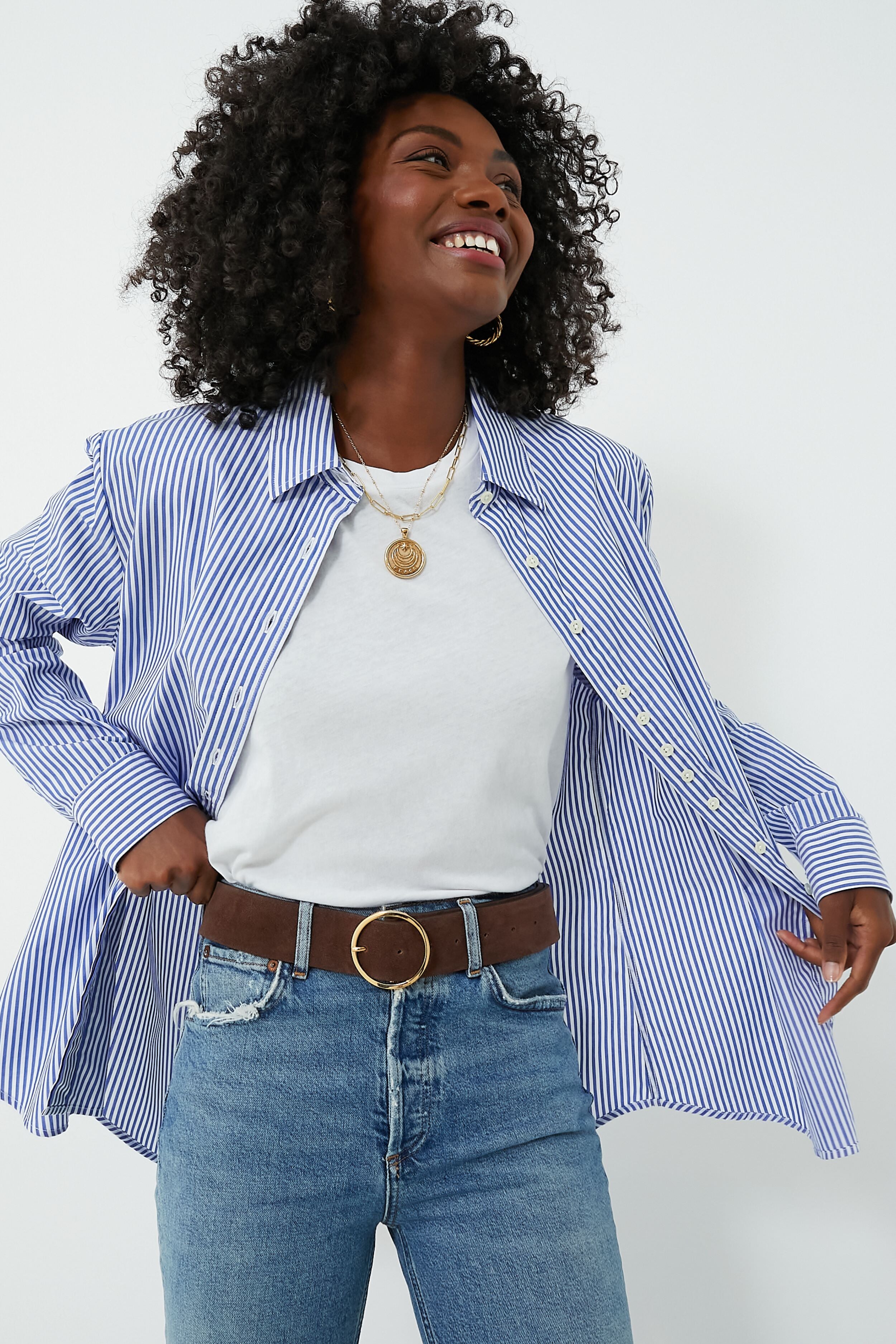 Blue and White Stripe Boyfriend Shirt-Get Girly