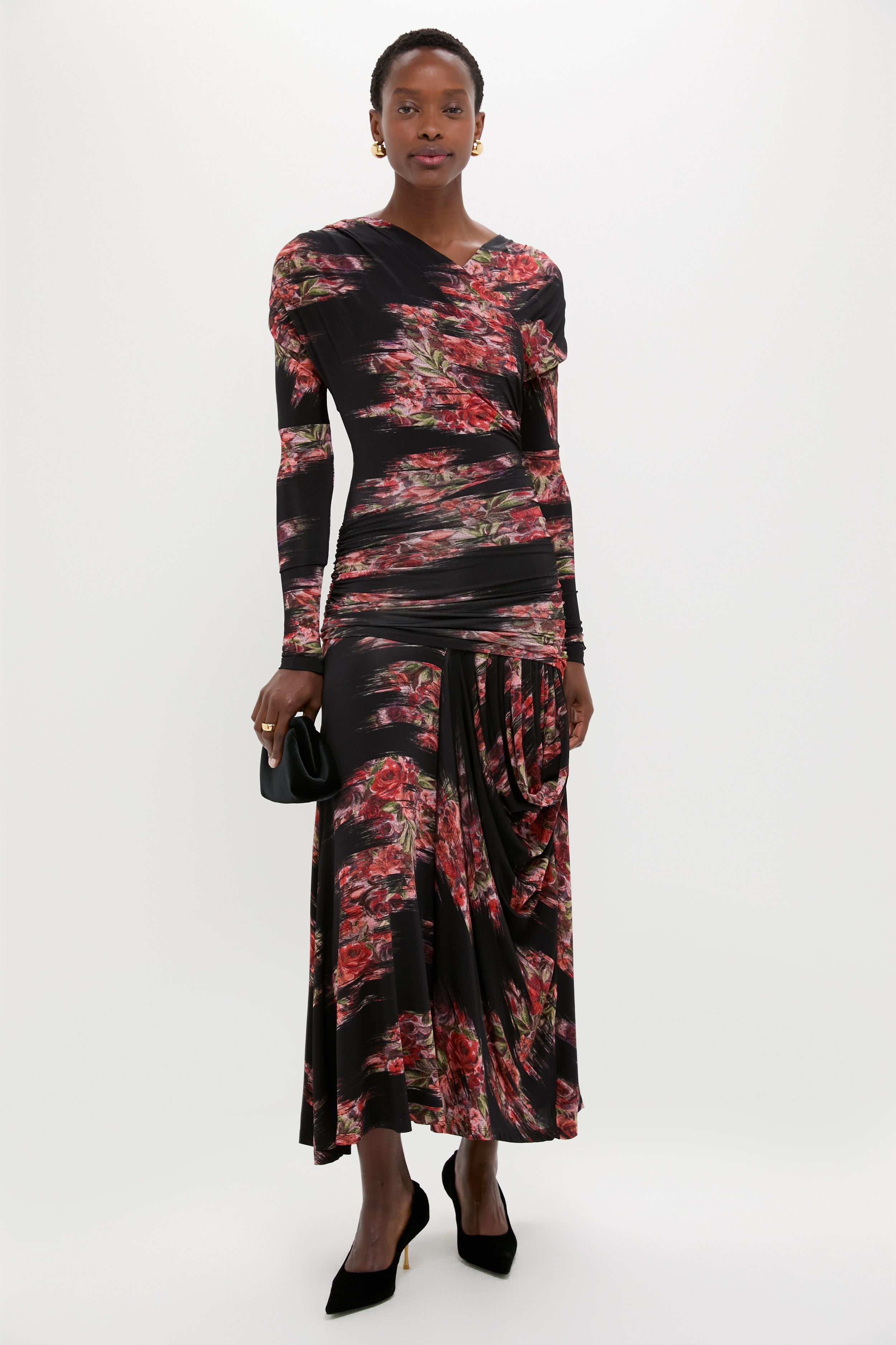 Black Printed Shiny Jersey Ruched Long Dress-Get Girly