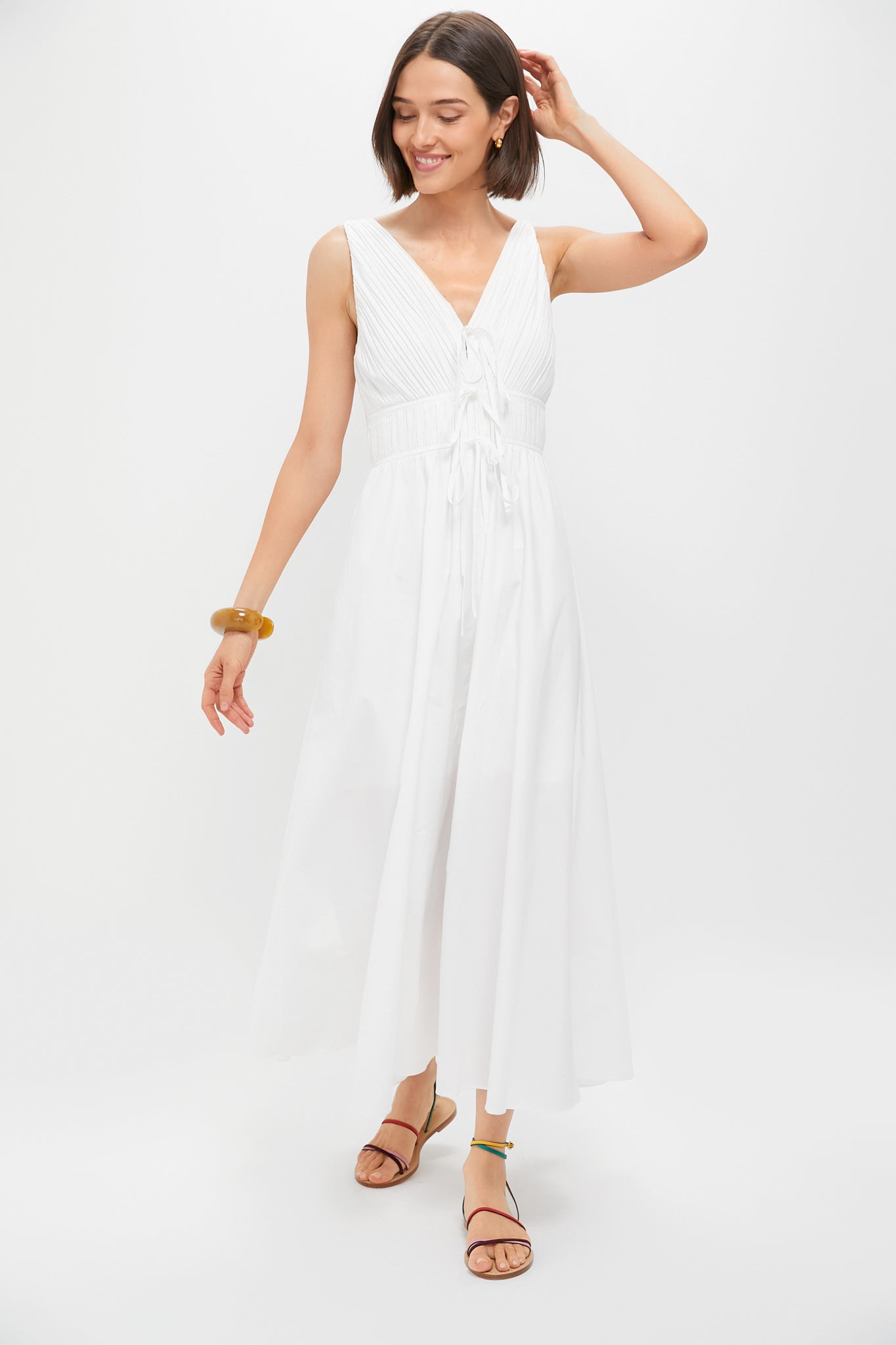 White V-Neck Pleated Midi Dress-Get Girly