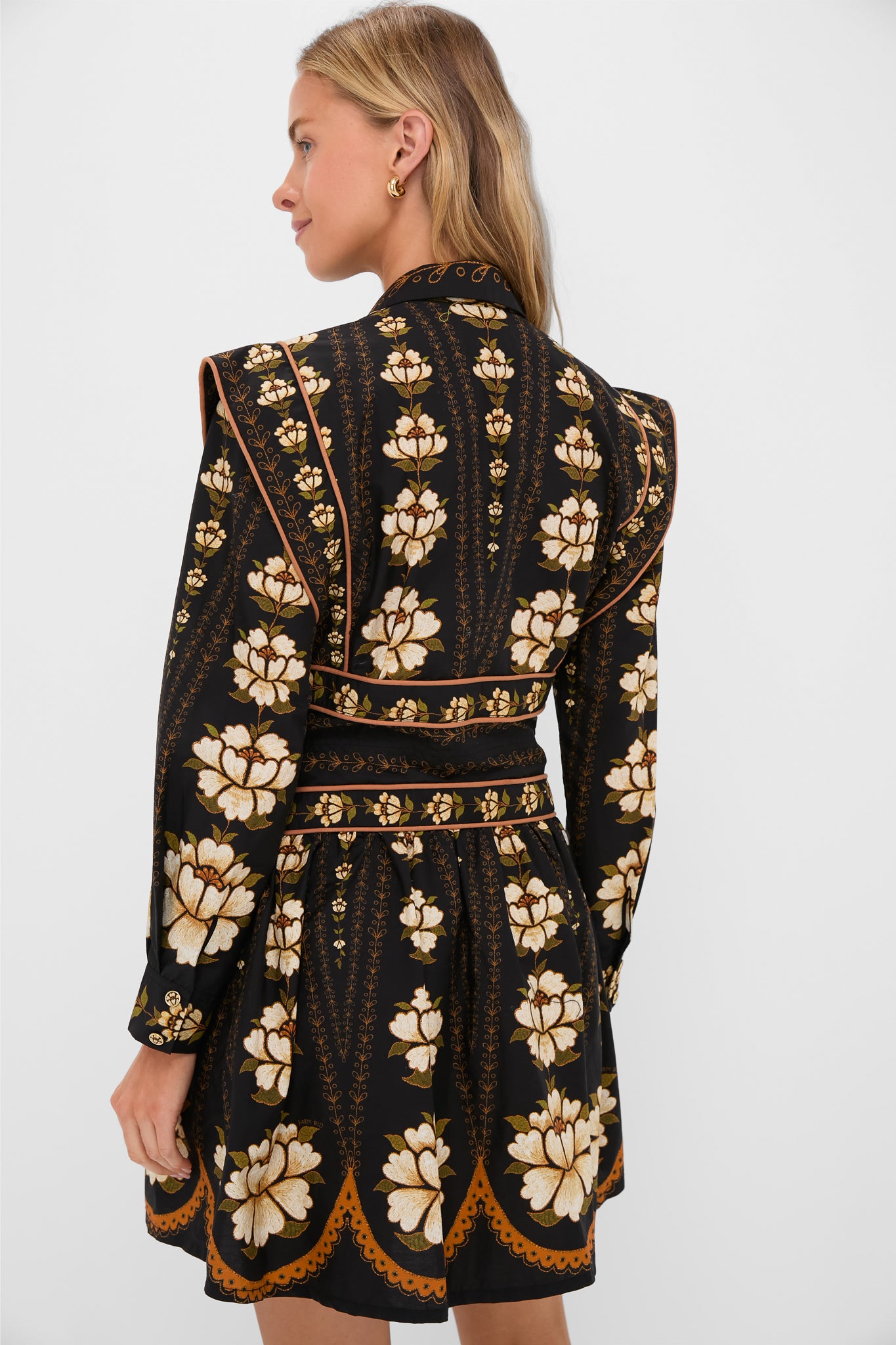 Black Embroidered Flowers Topstitching Long Sleeve Mini Dress-Get Girly
