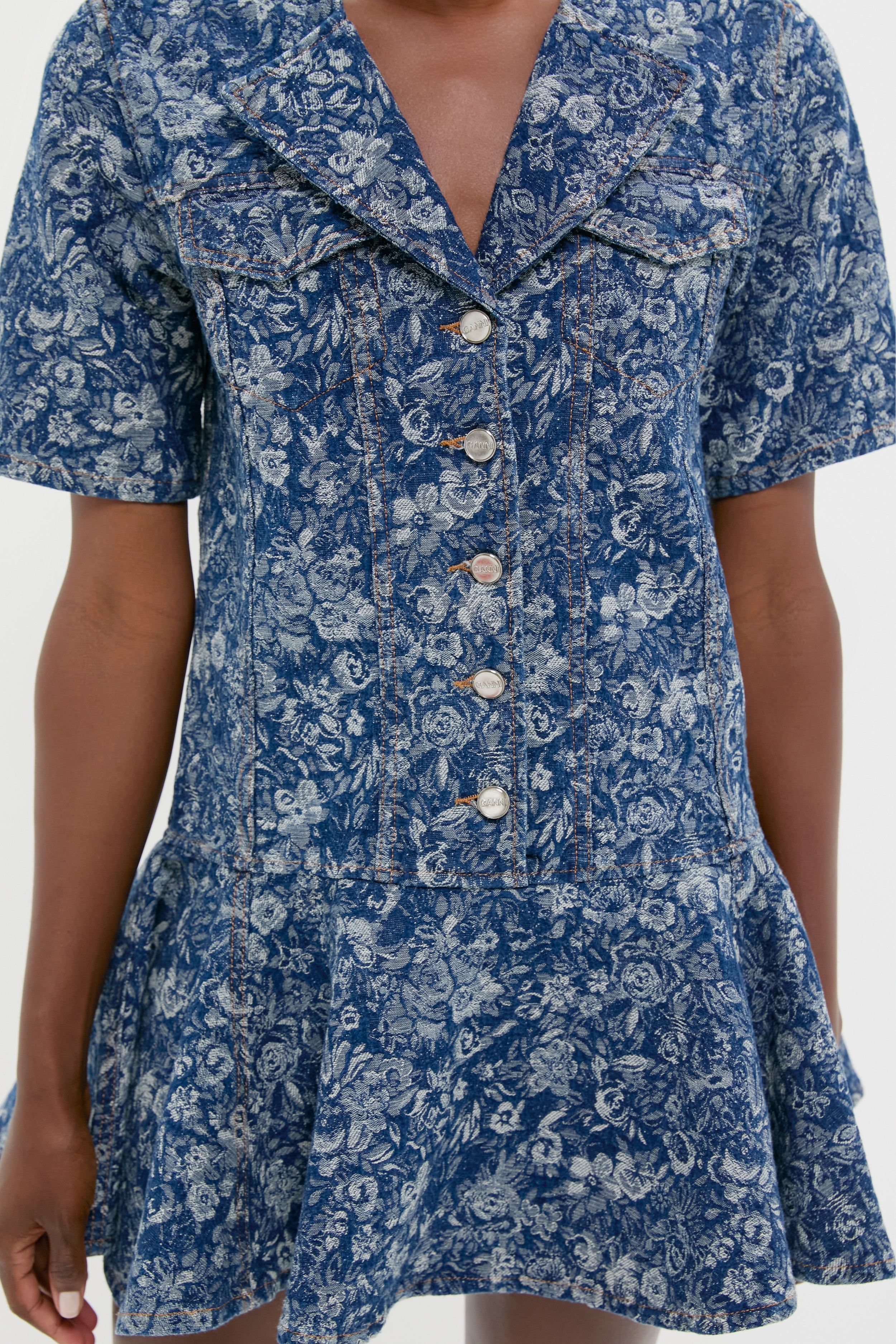 Mid Blue Stone Tapestry Denim Mini Dress-Get Girly