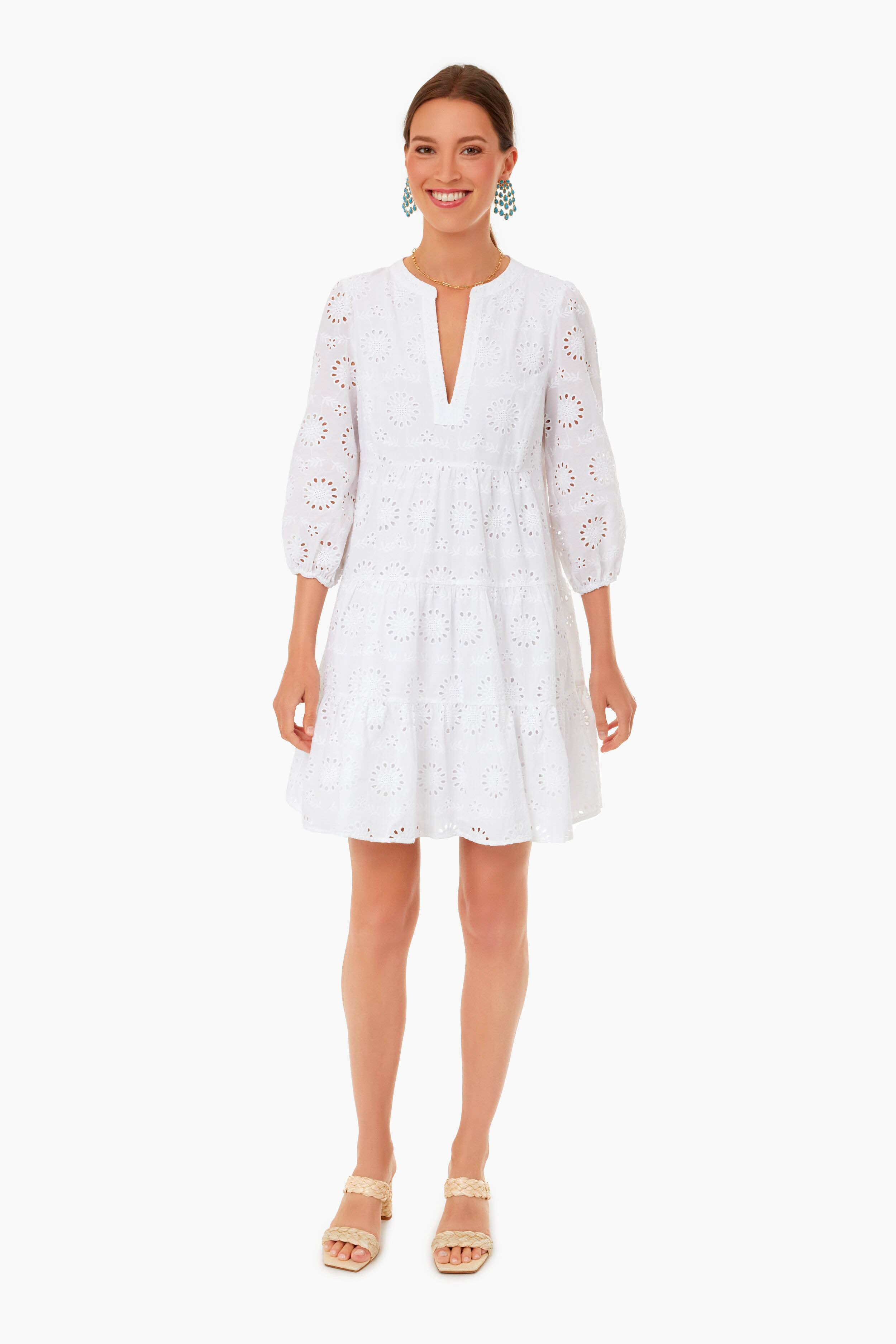 White Eyelet Long Sleeve Tunic Dress-Get Girly