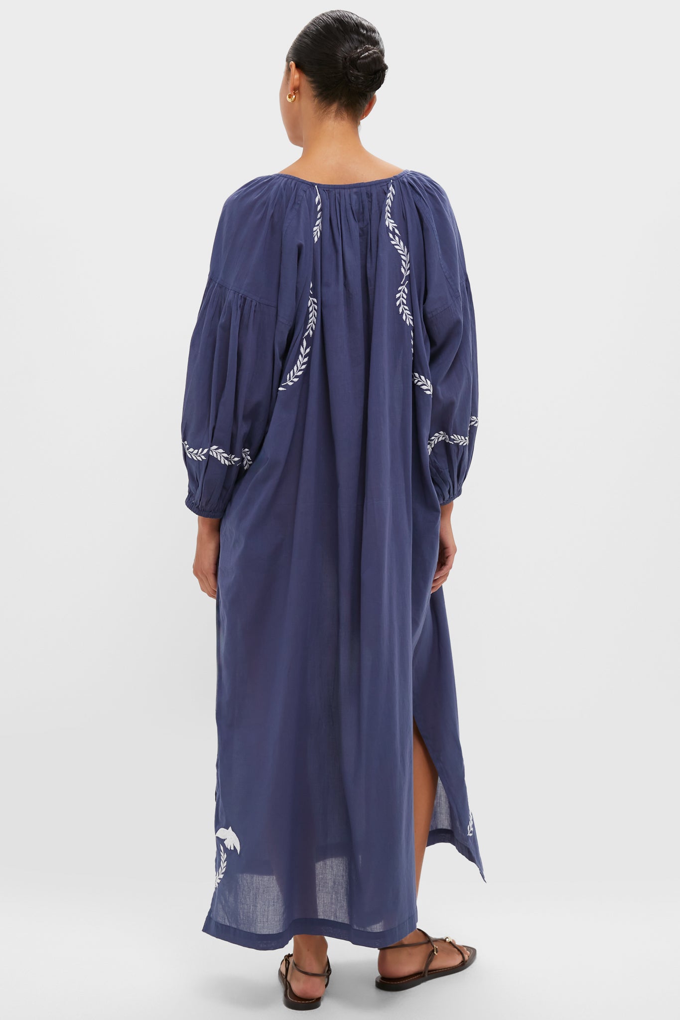 White Dove Embroidery Blue Indigo Organic Folk Maxi Dress-Get Girly