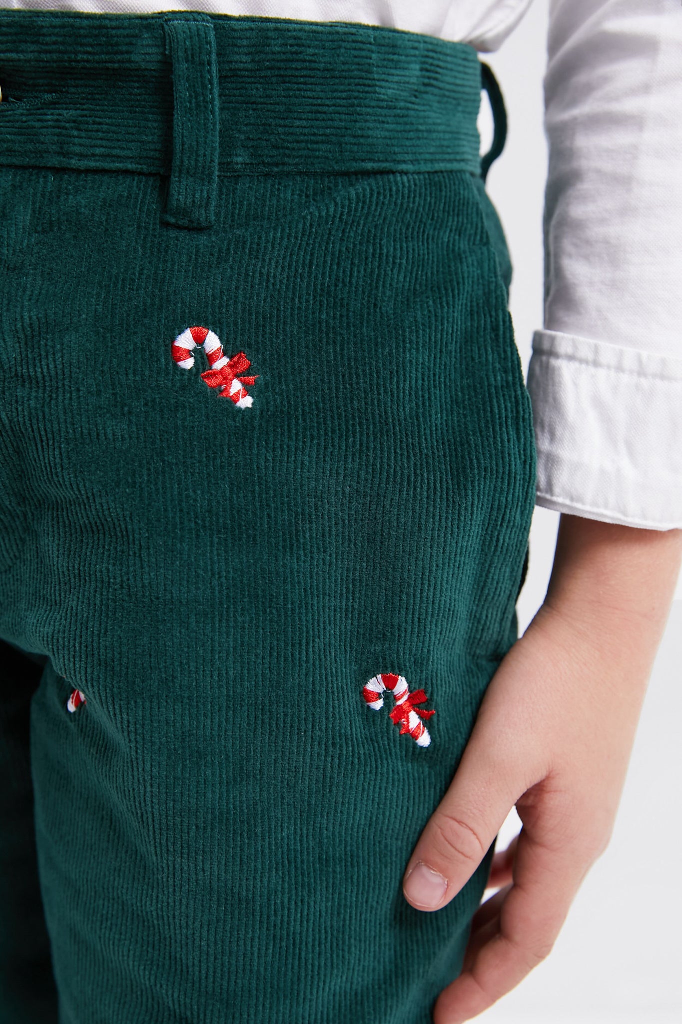 Hunter Green Candy Cane Embroidered Boys Corduroy Pants-Get Girly