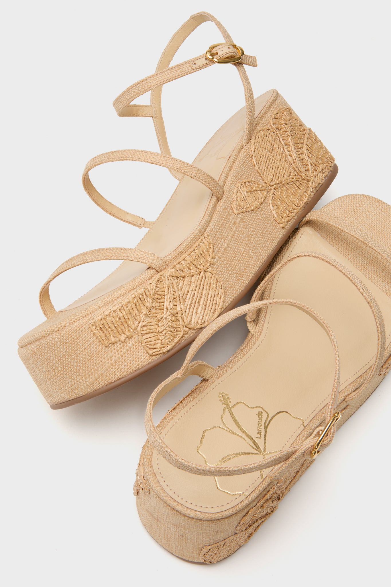 Beige Raffia with Hibiscus Embroidery Gio Platform Sandals-Get Girly
