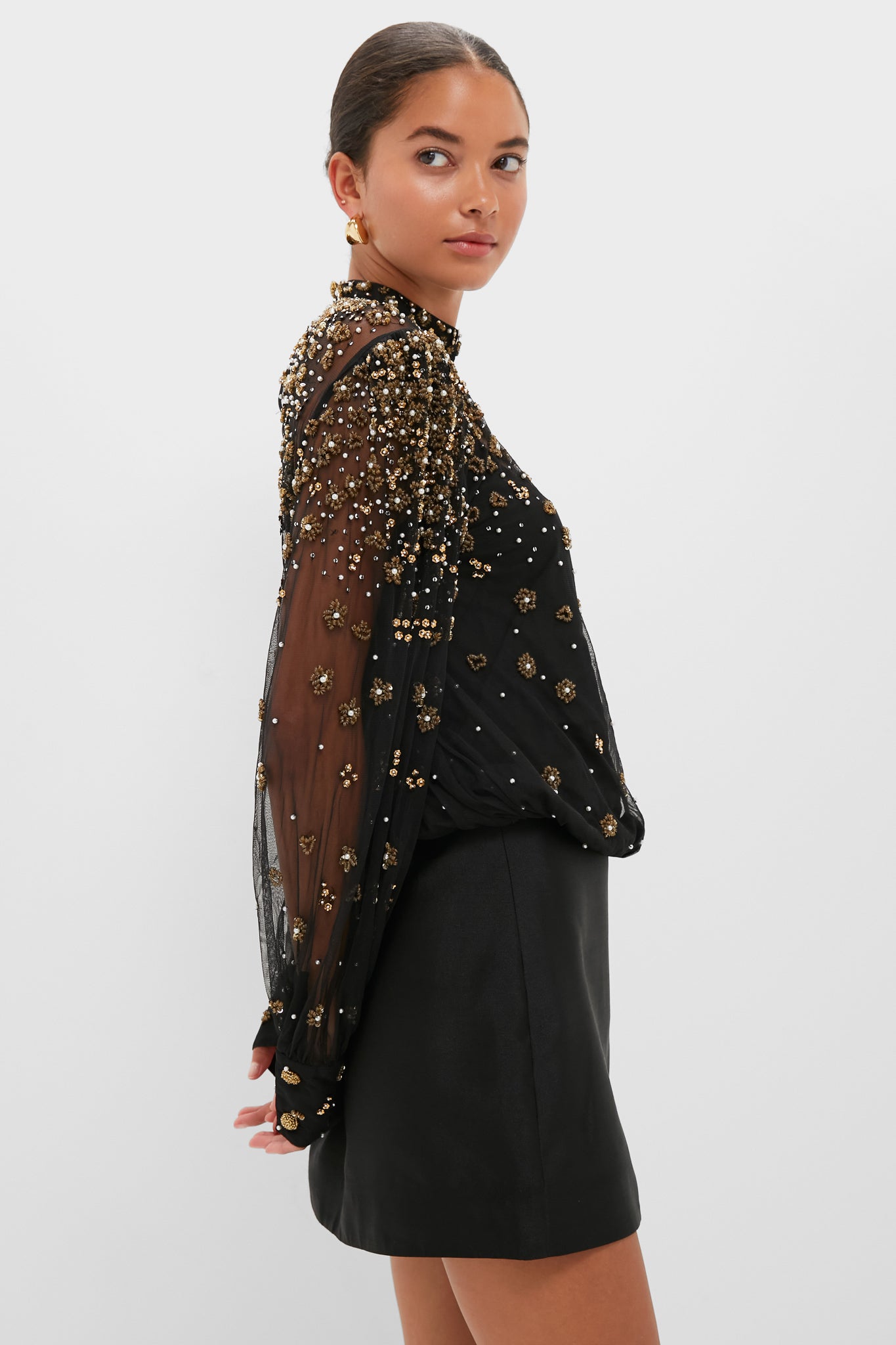 Black Embroidered Bubble Tulle Blouse-Get Girly