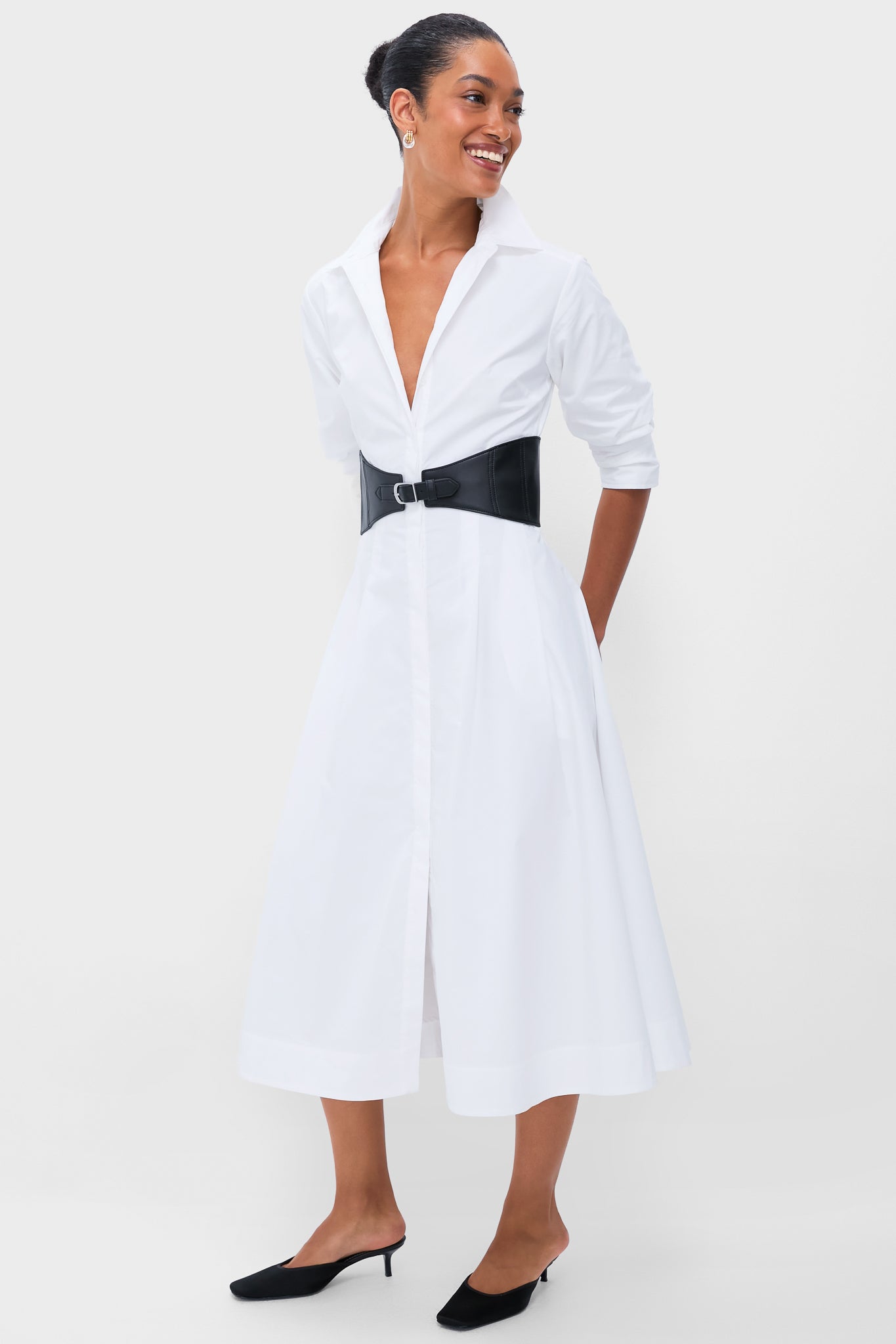 White Olson Belted Midi Dress-Get Girly