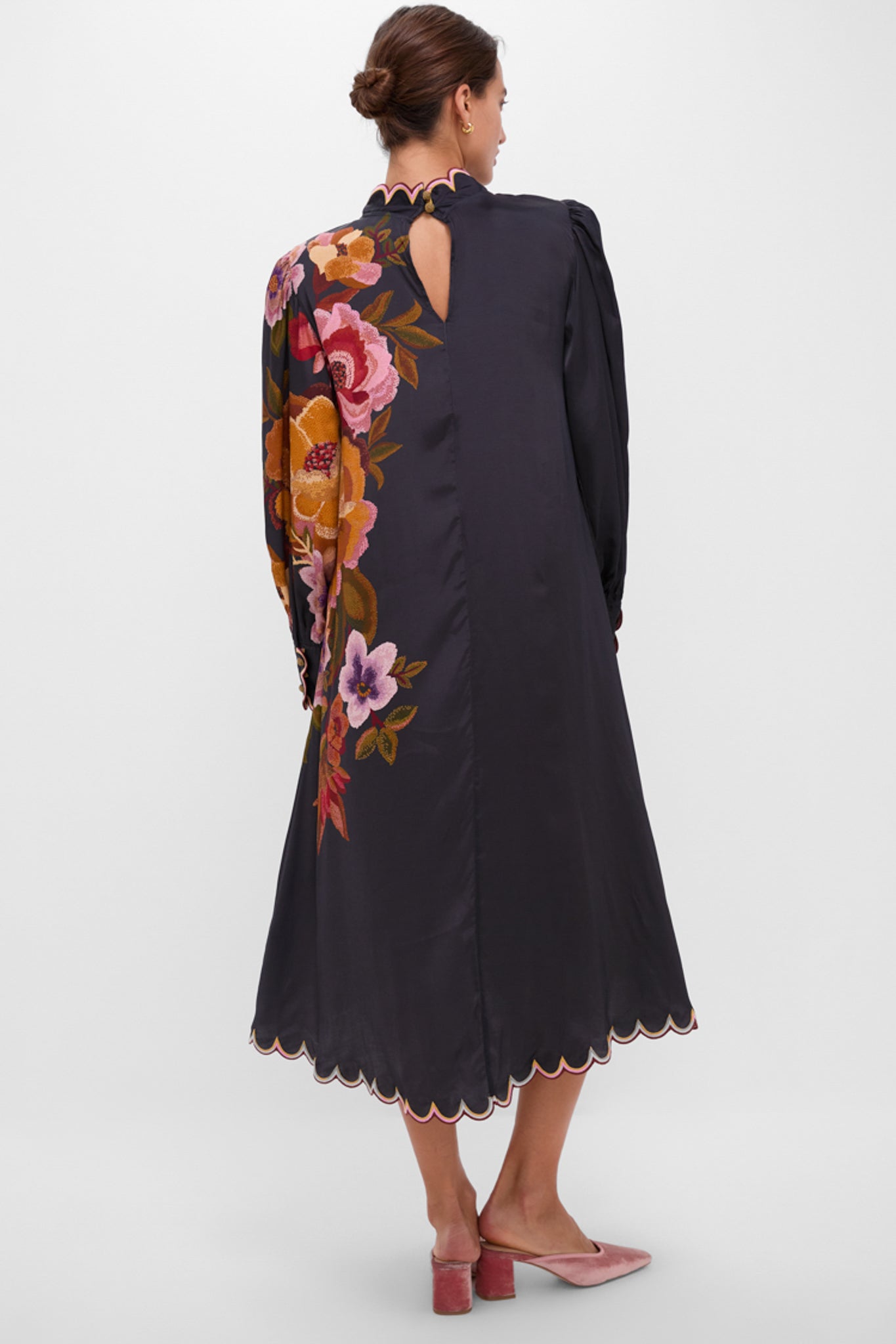Black Chenille Flowers Midi Dress-Get Girly