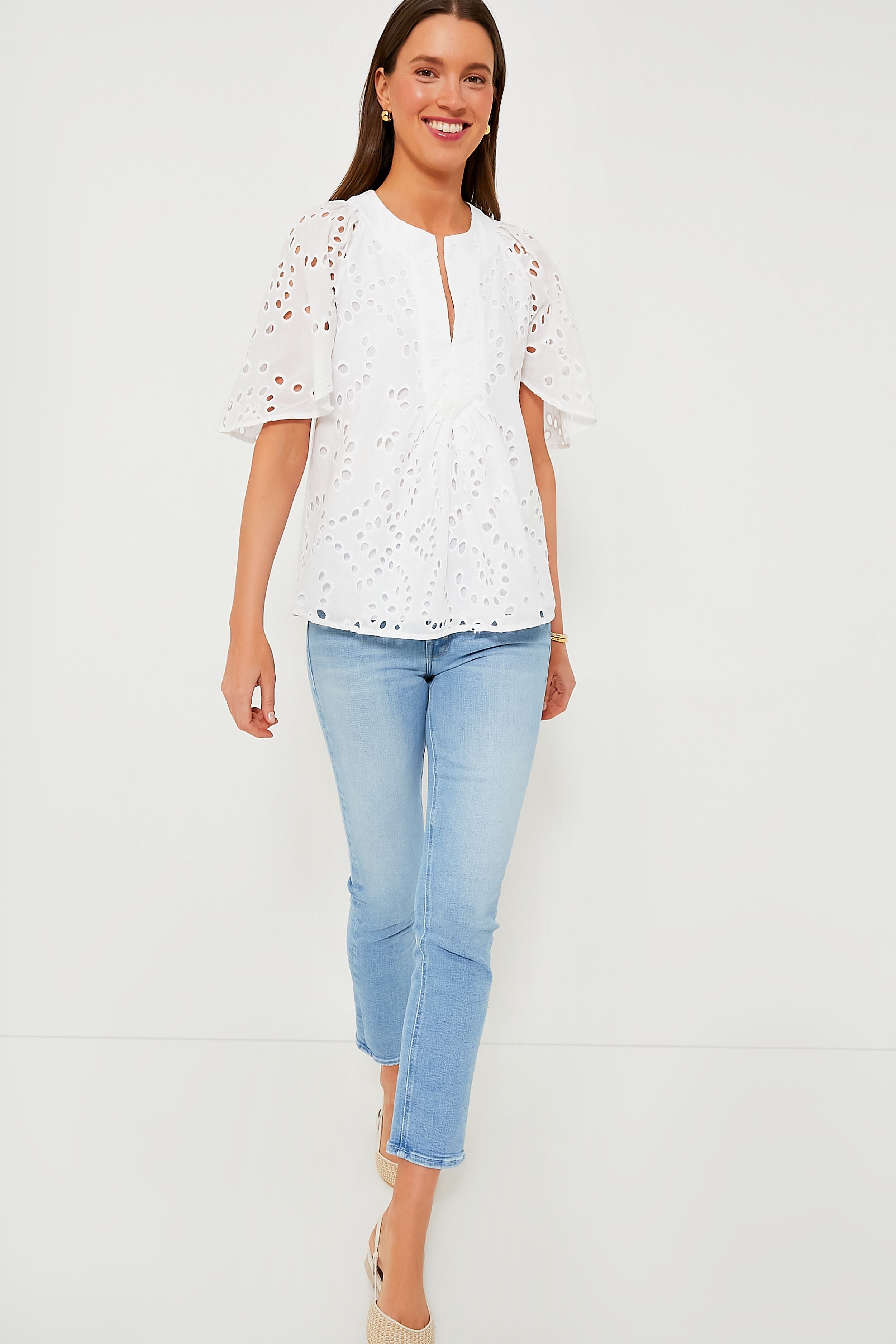 White Eyelet Finley Flutter Sleeve Top-Get Girly