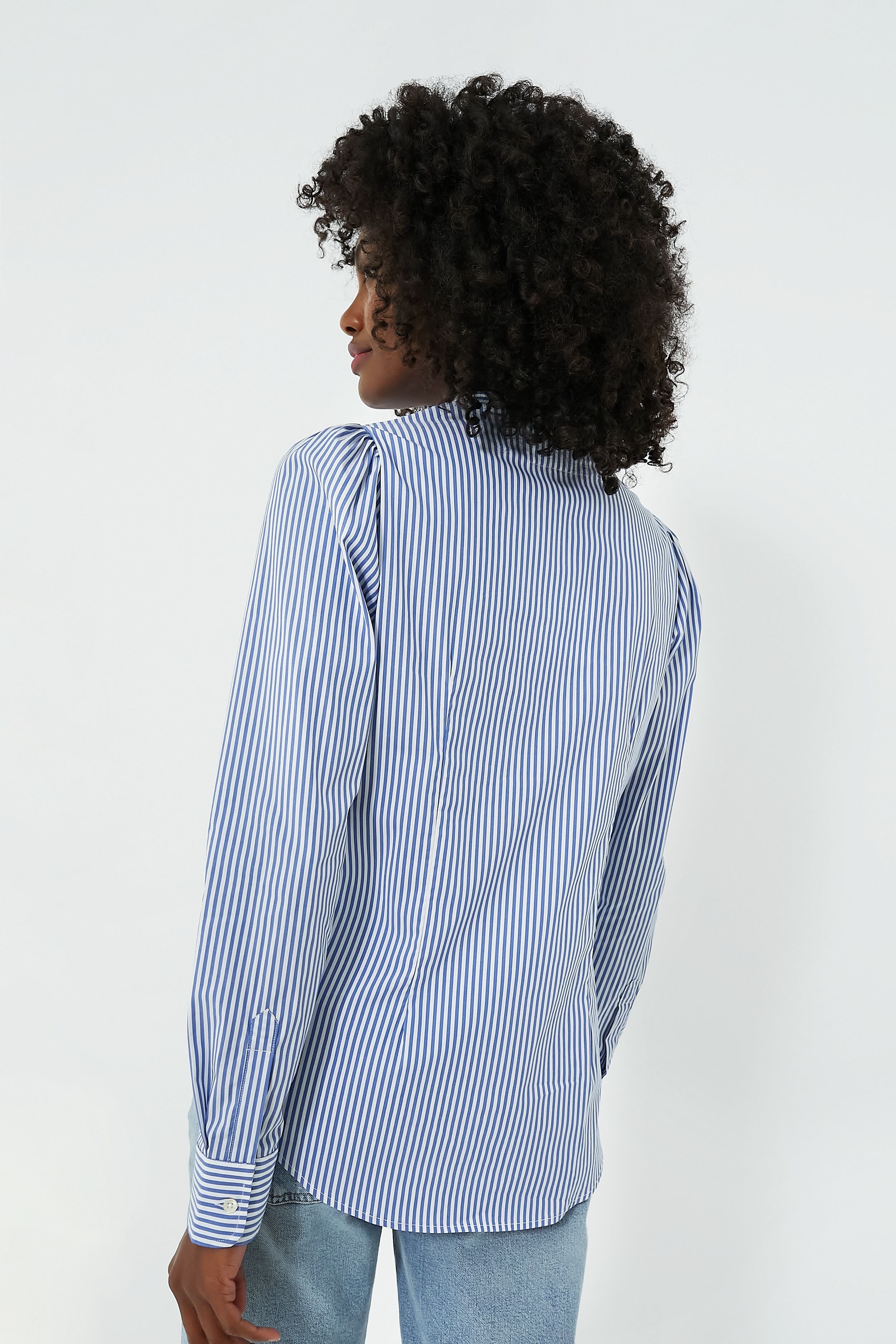 Blue and White Stripe Puffed Shoulder Shirt-Get Girly