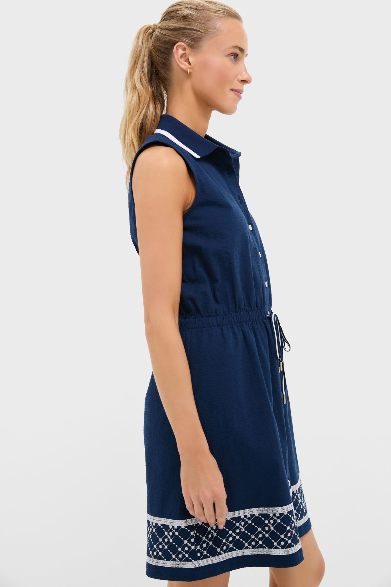 Navy and White Embroidered Sleeveless Performance Seersucker Alcott Golf Dress-Get Girly