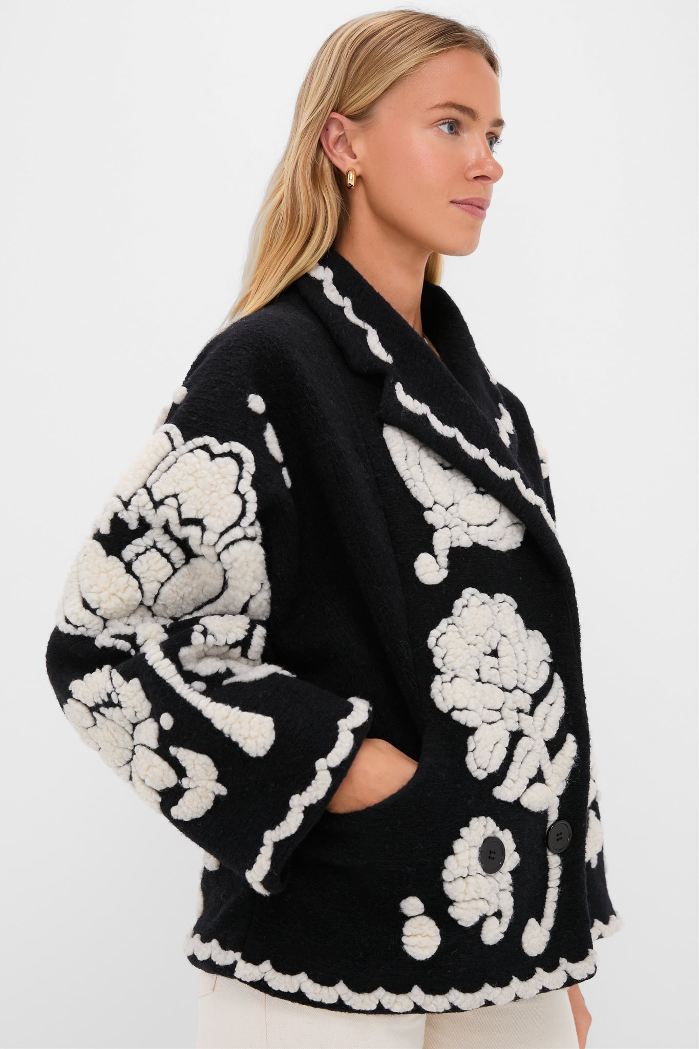 Black Cream Floral Arabesque Fleece Coat-Get Girly