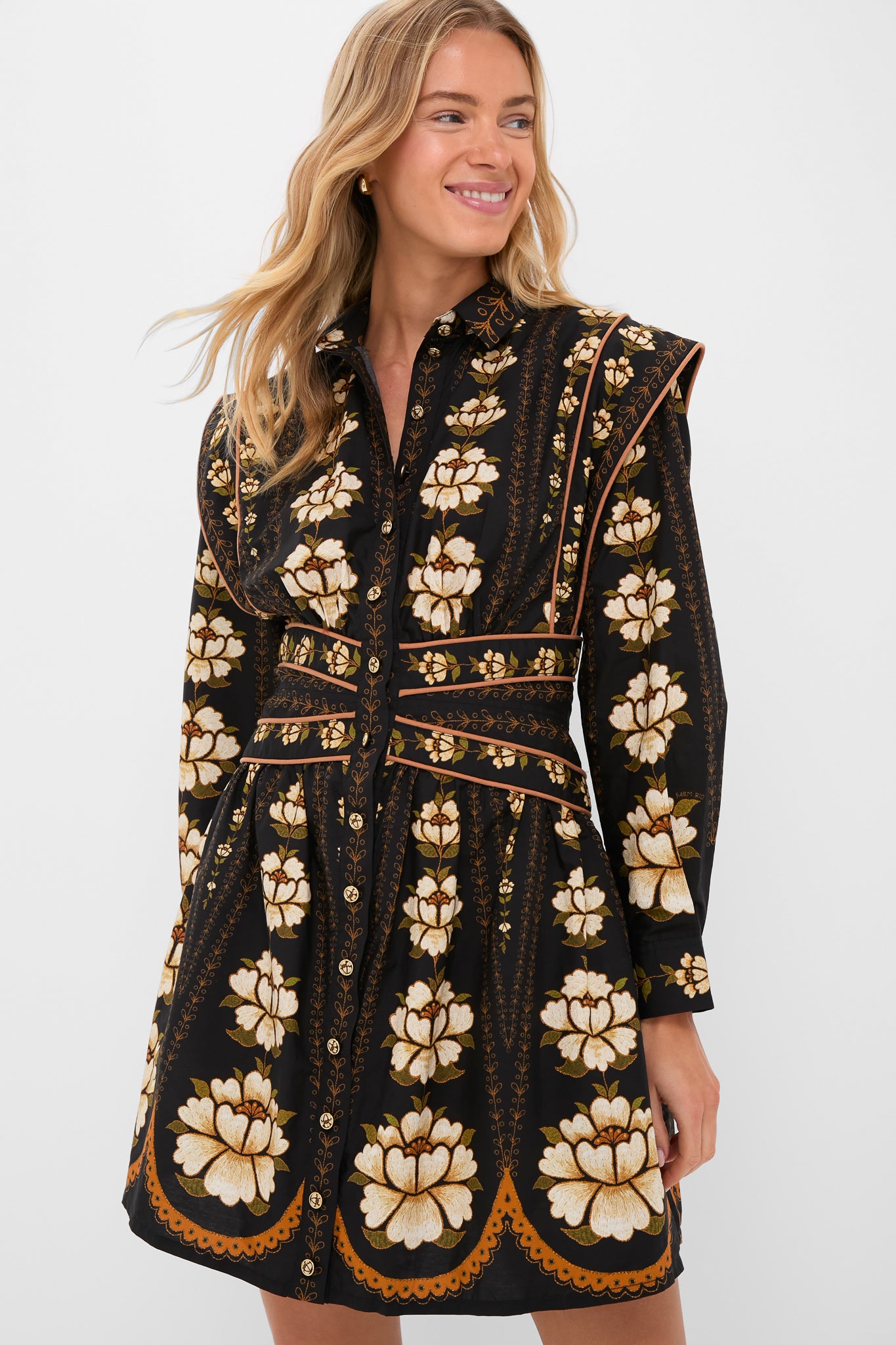 Black Embroidered Flowers Topstitching Long Sleeve Mini Dress-Get Girly