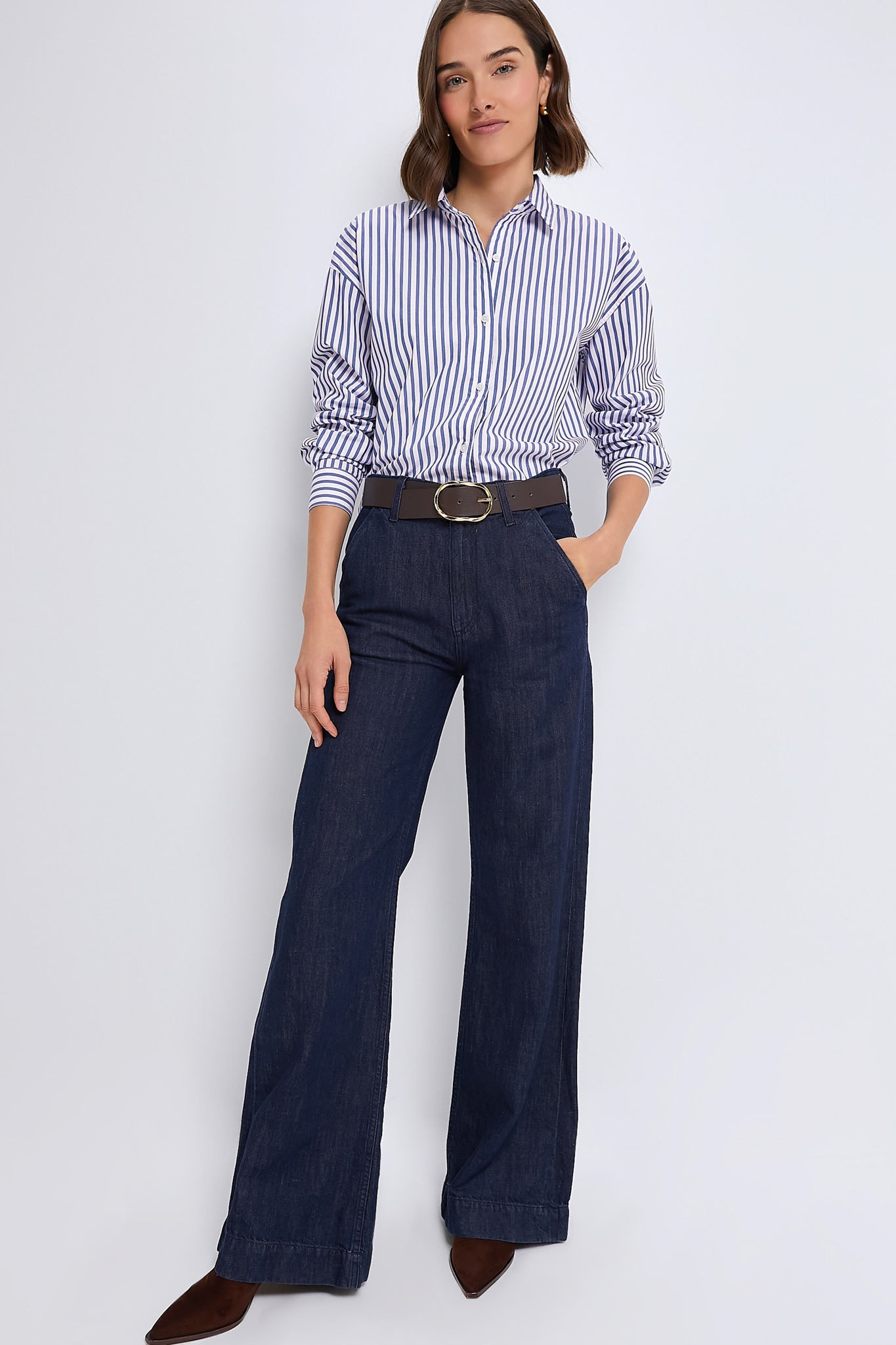 Blue Stripe Cropped Jasper Button Down-Get Girly