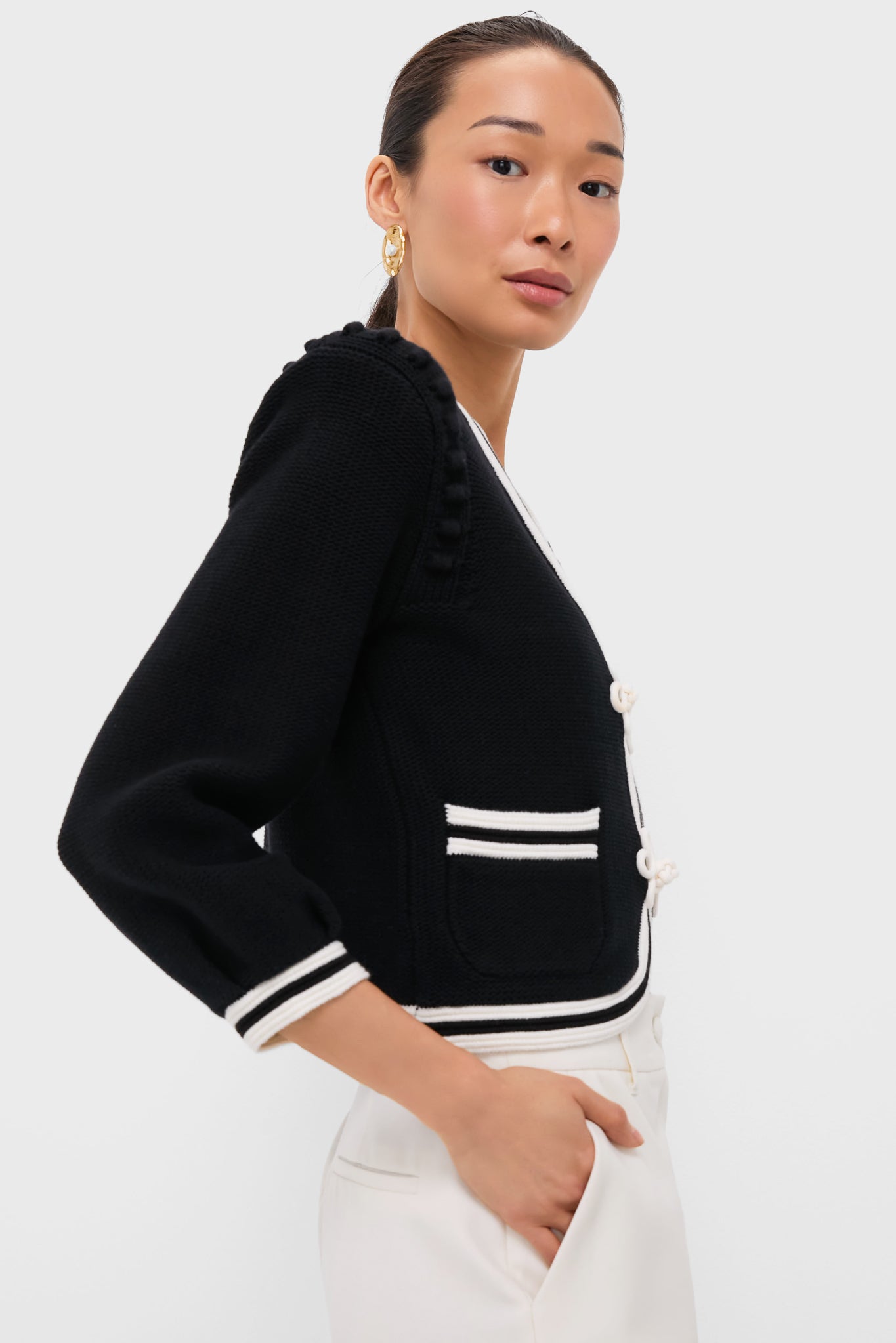 Black and Ivory Kaito Contrast Trim Crop Cardi-Get Girly