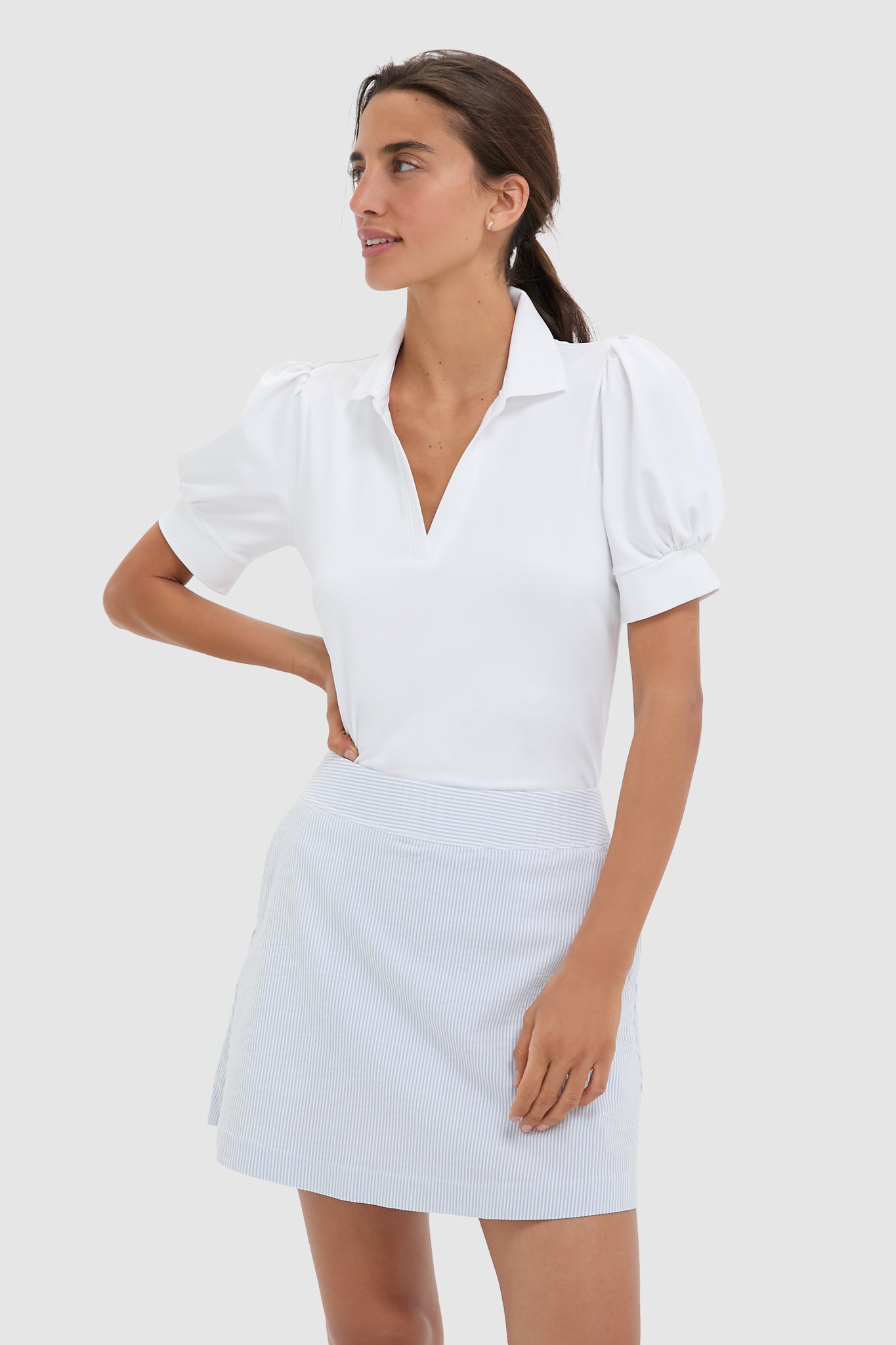 White Puff Sleeve Performance Jersey Caroline Polo-Get Girly