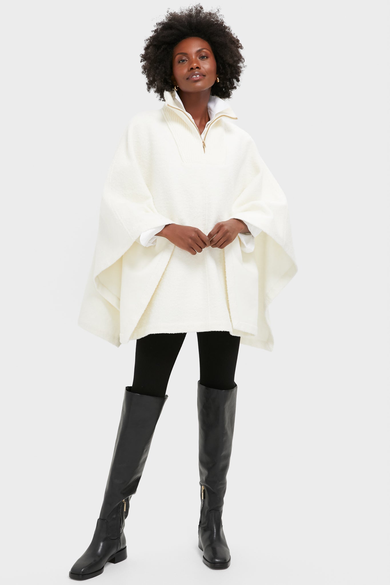 Winter White Boucle High-Neck Poncho-Get Girly