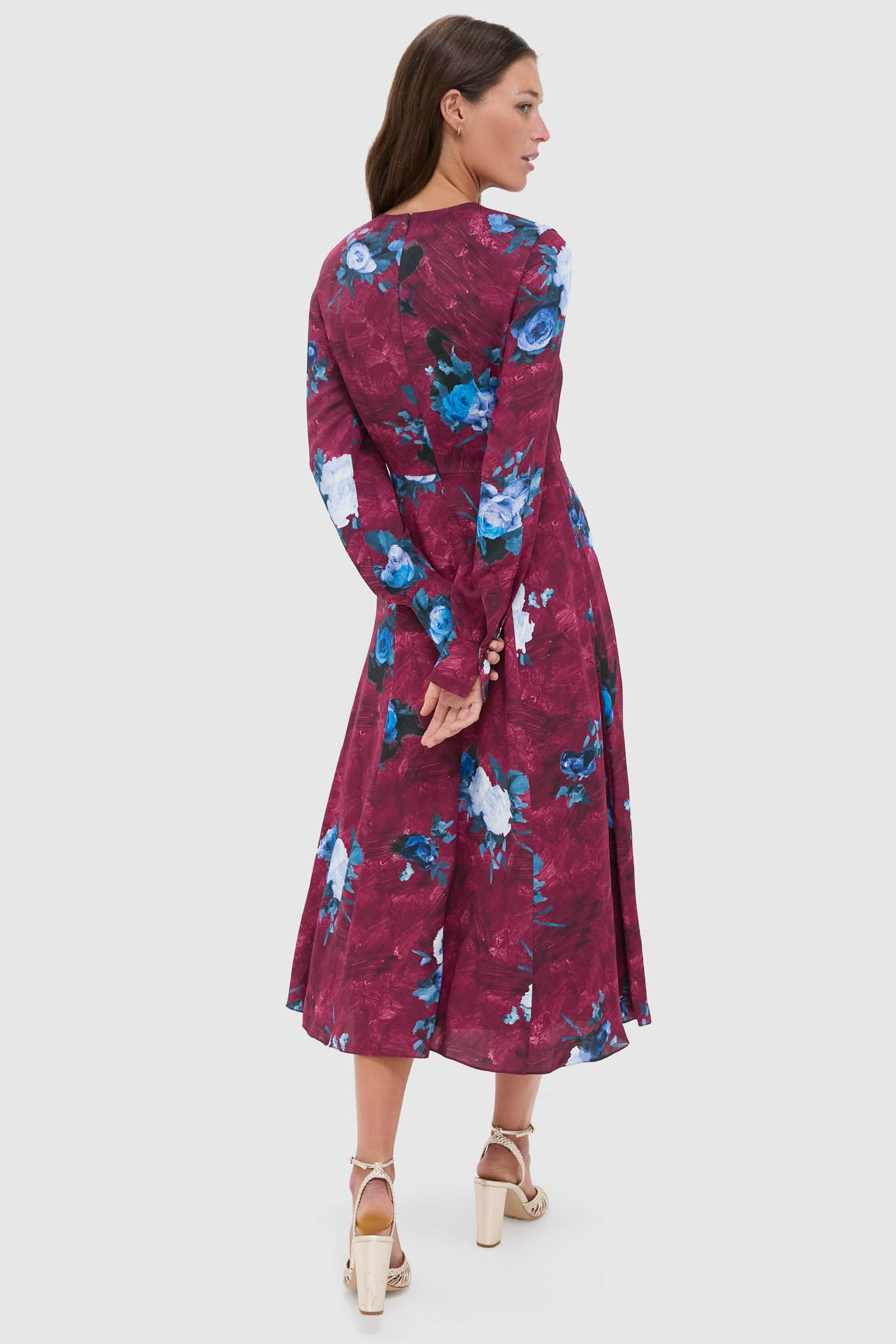 Abstract Rose Milberry Red Long Sleeve Midi Dress-Get Girly