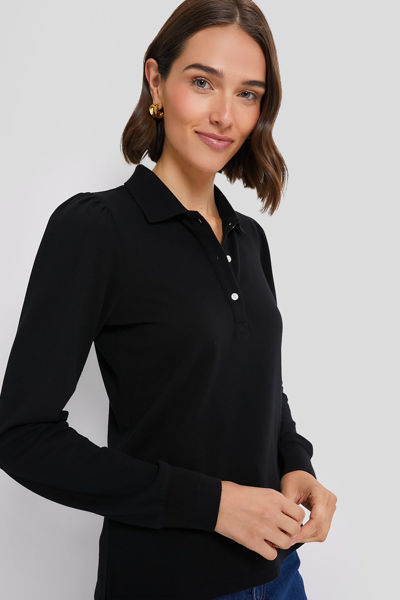 Black Long Sleeve Pique Puff Sleeve Peggy Polo-Get Girly